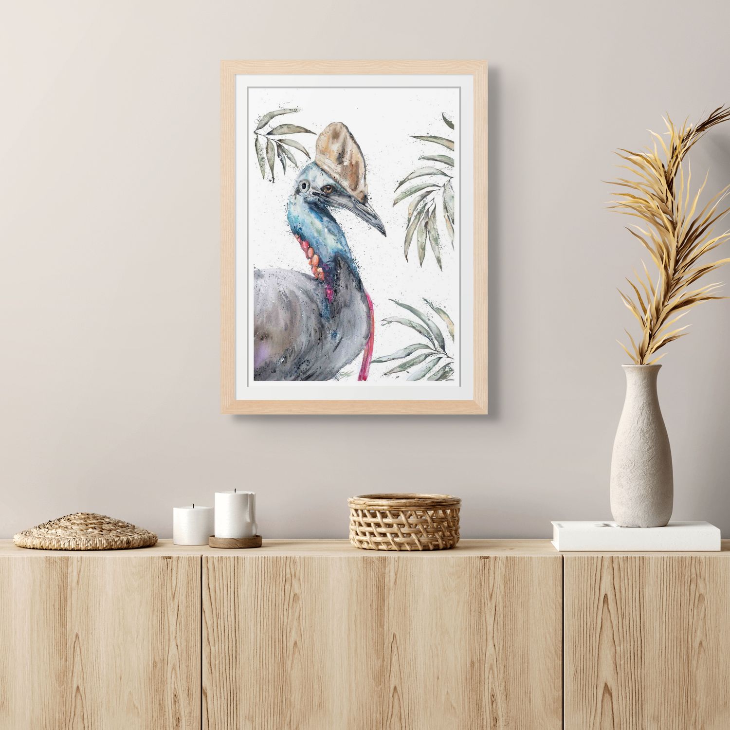 Colourful portrait of a cassowary bird painted in watercolour and acrylic – fine art paper print by Stephanie Elizabeth