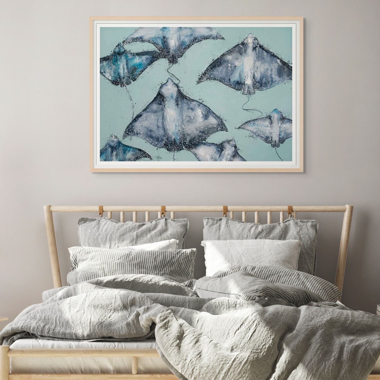 Acrylic painting of eagle rays swimming over a soft teal background – fine art paper print by Stephanie Elizabeth 2
