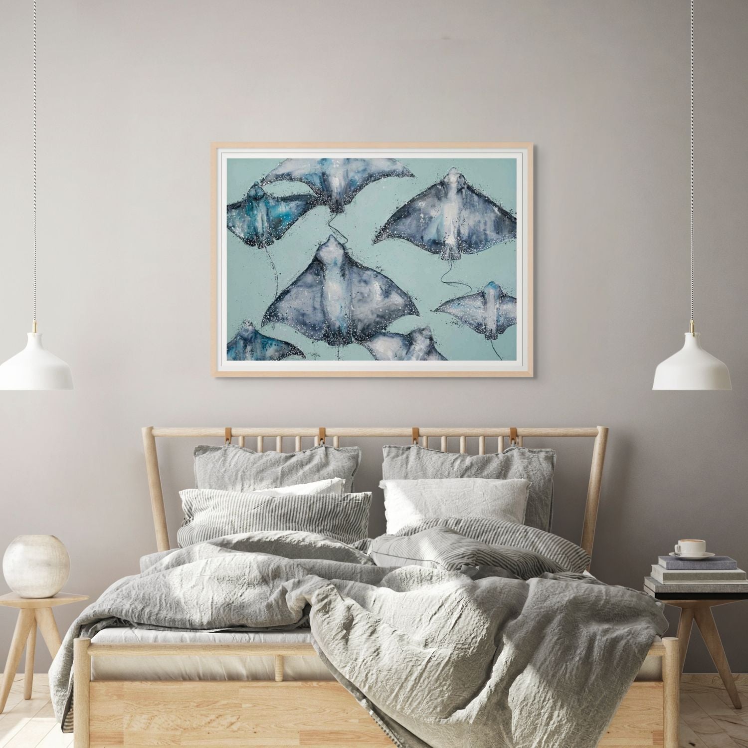 Acrylic painting of eagle rays swimming over a soft teal background – fine art paper print by Stephanie Elizabeth