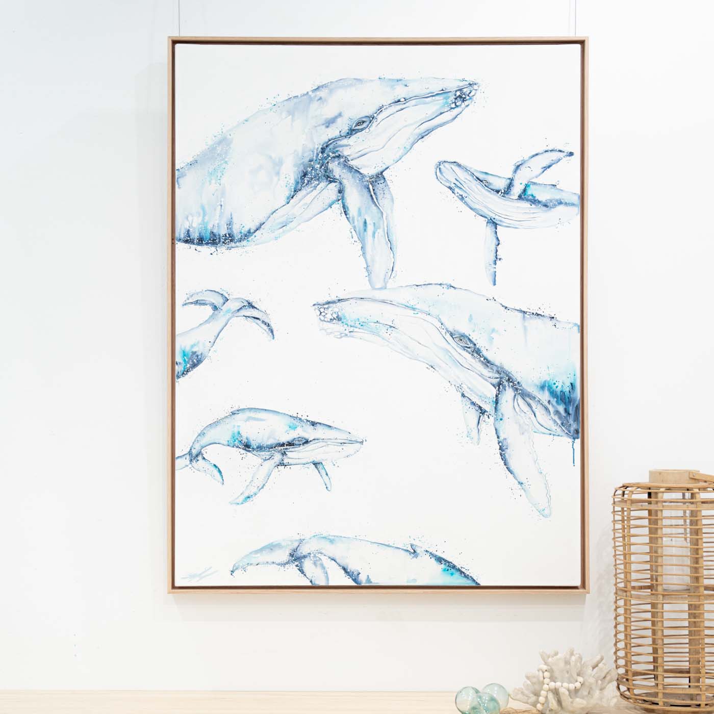 humpback whale family canvas artwork framed in australian oak
