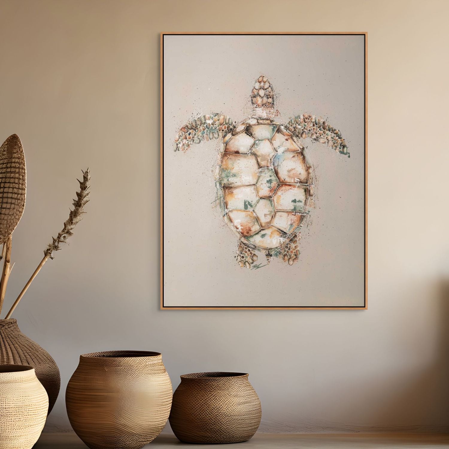 Green sea turtle painting by Stephanie Elizabeth – framed acrylic canvas artwork with beige background 1