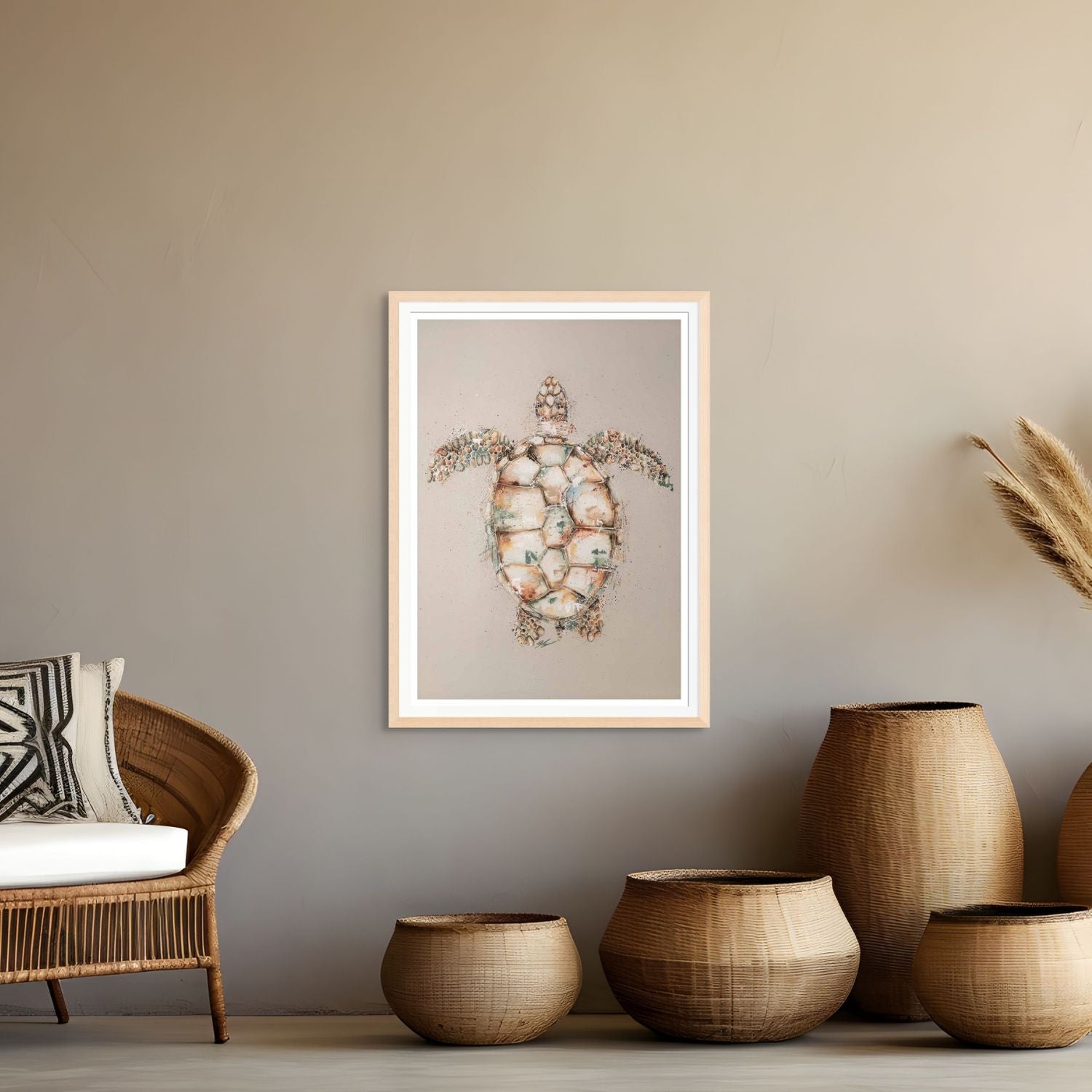 Acrylic painting of a green sea turtle on soft background – fine art paper print by Stephanie Elizabeth