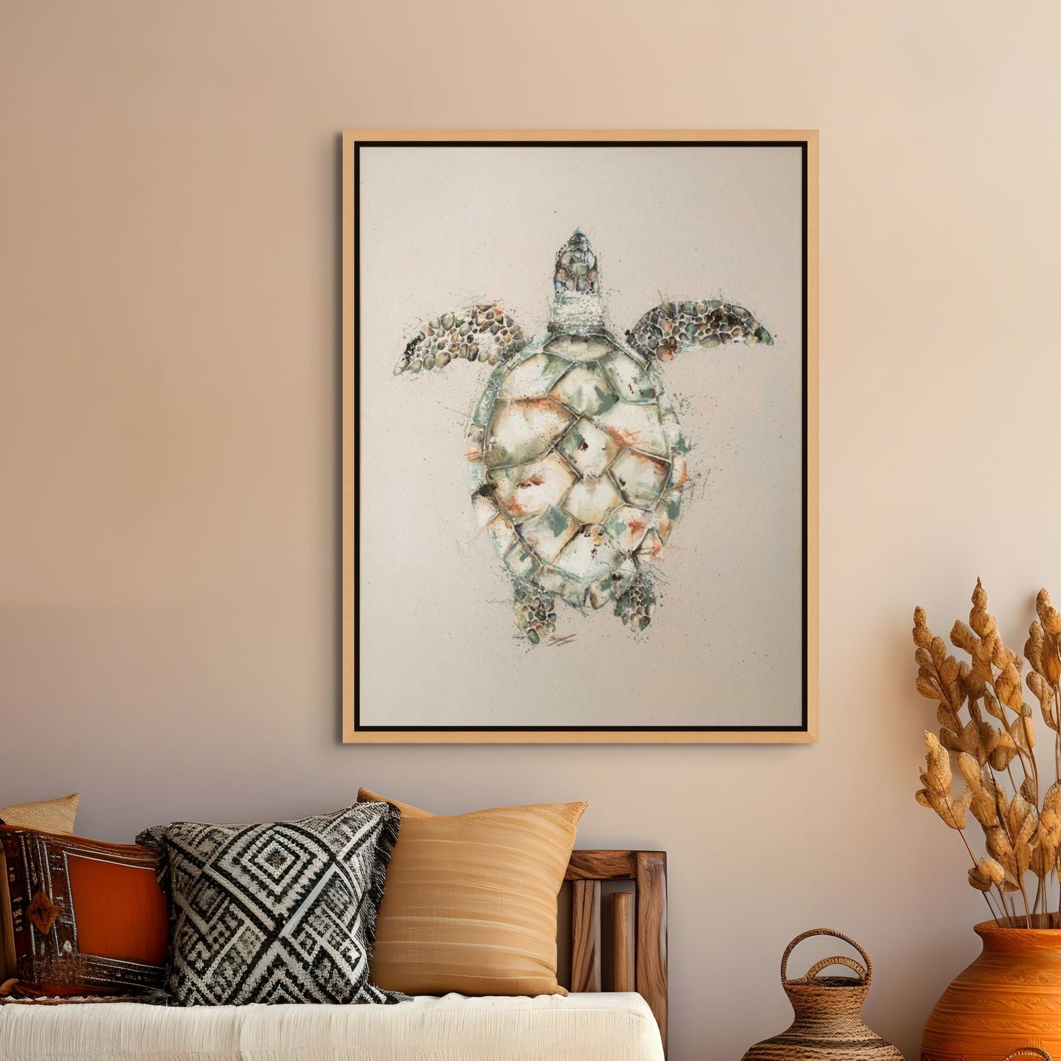 Canvas artwork of a hawksbill sea turtle with vibrant patterned shell gliding over coral – by Stephanie Elizabeth 2