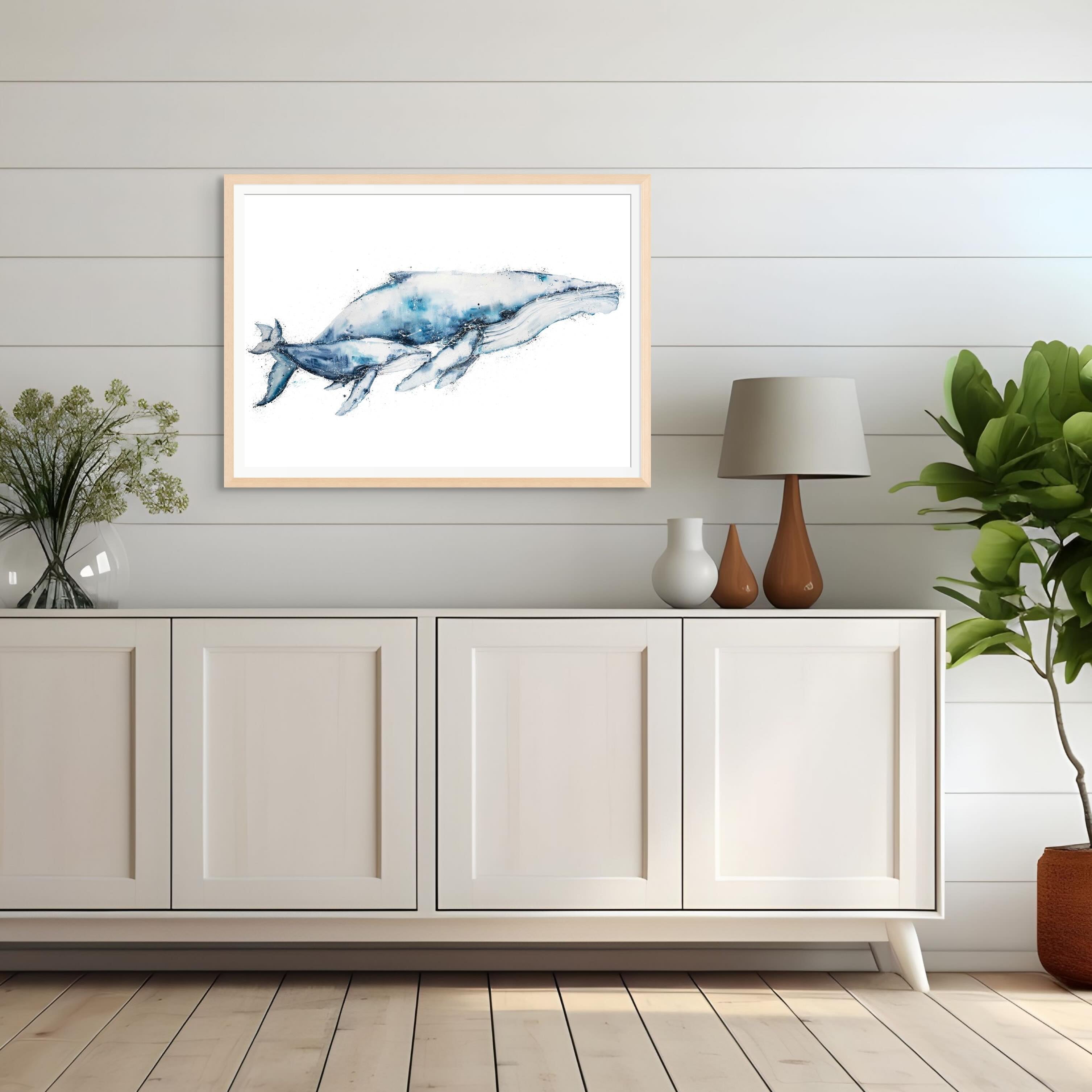 Fine art print of Crazy Love, featuring a mother and calf humpback whale swimming together, capturing their tender bond in vibrant ocean hues and intricate details.