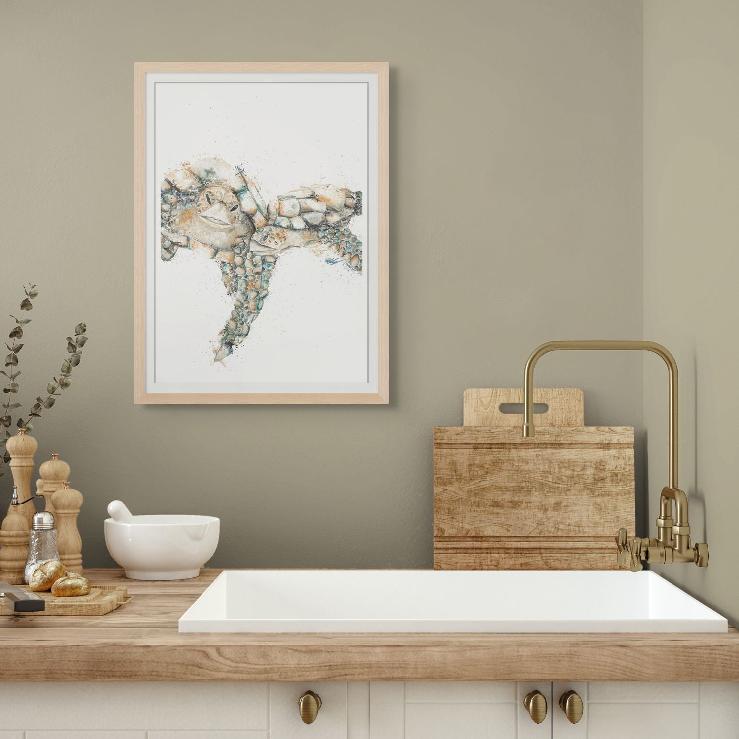 Watercolour and acrylic painting of two sea turtles in green and orange, swimming together – fine art paper print by Stephanie Elizabeth 2