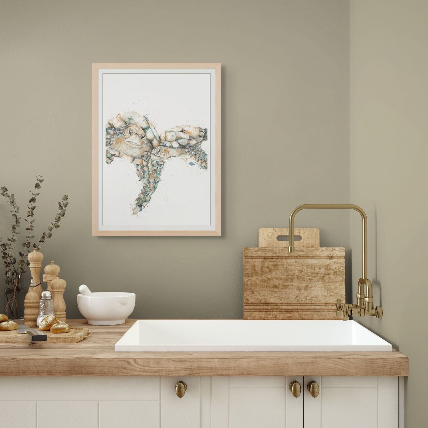 Watercolour and acrylic painting of two sea turtles in green and orange, swimming together – fine art paper print by Stephanie Elizabeth