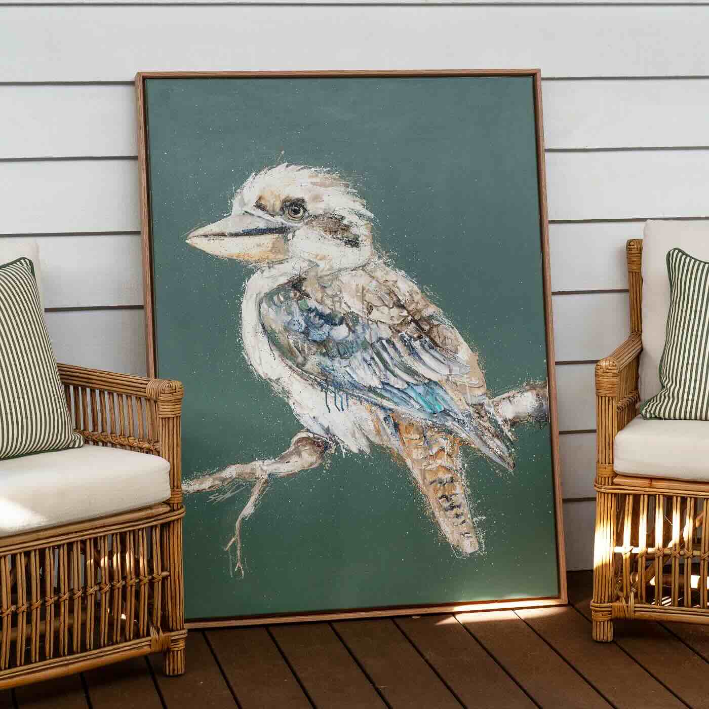 Close-up detail of Perched and Patient by Stephanie Elizabeth, showing the kookaburra’s expression and textured brushwork
