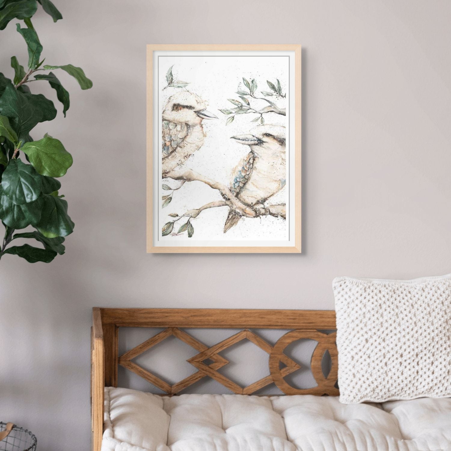 Watercolour and acrylic portrait of two kookaburras perched together in soft golden light – fine art paper print by Stephanie Elizabeth
 2