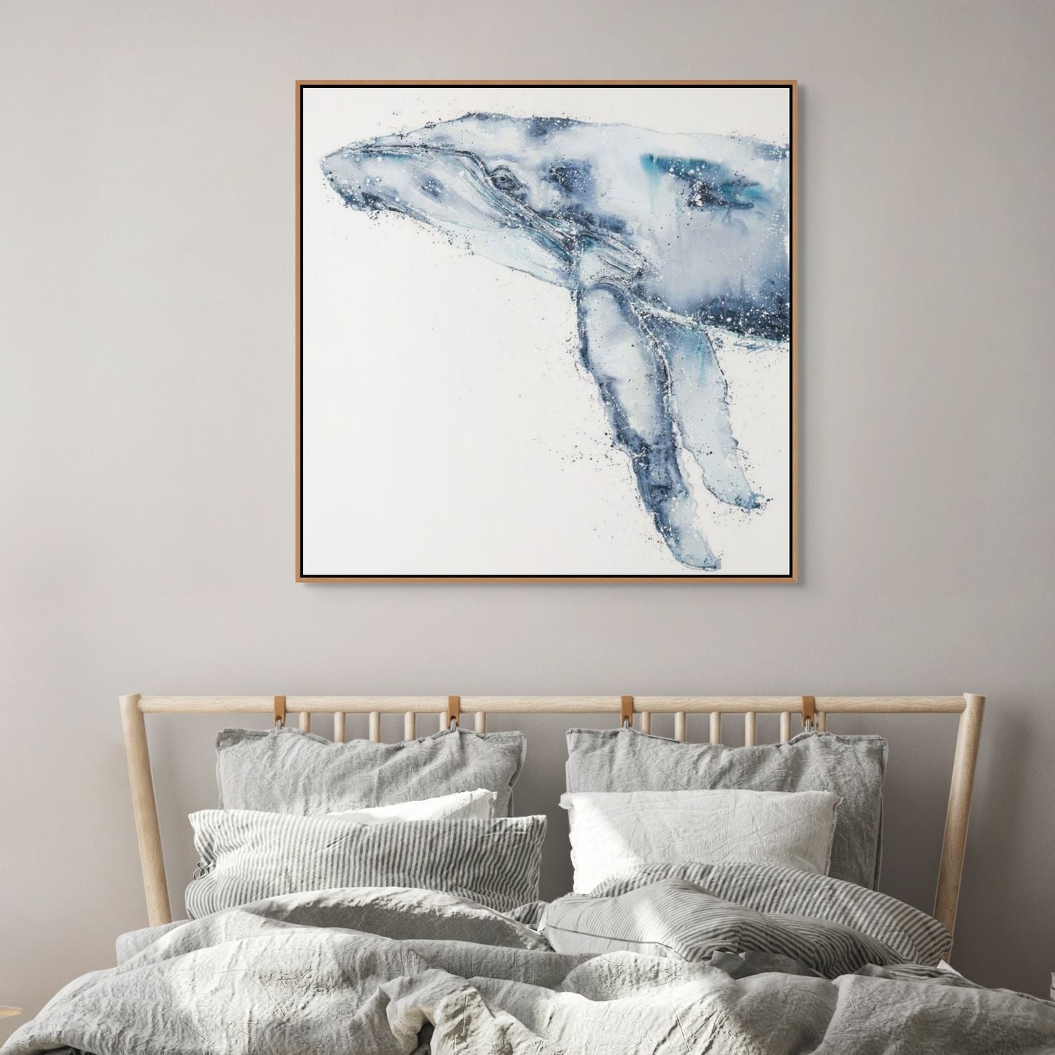 Locking Eyes whale artwork by Stephanie Elizabeth – square framed watercolour and acrylic painting on canvas 2
