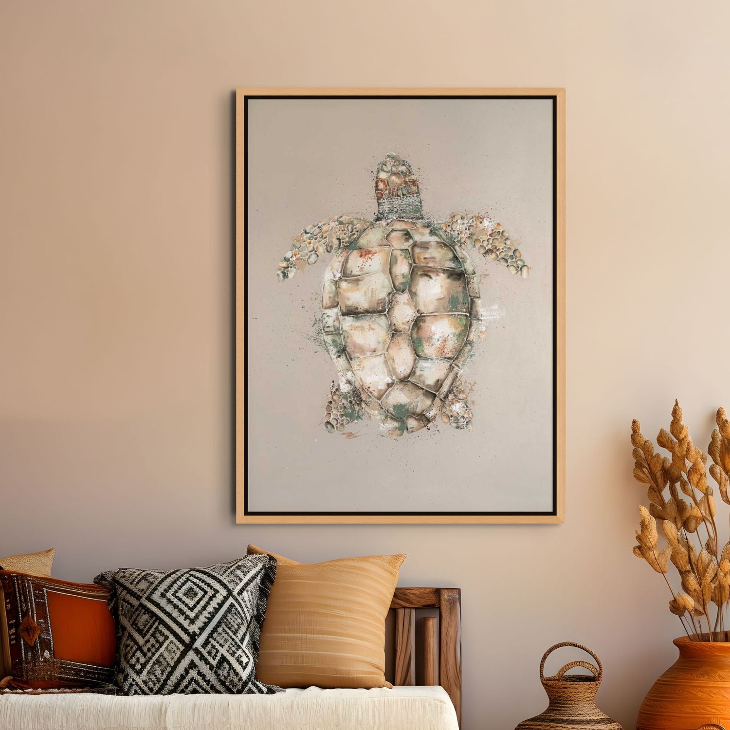 Canvas artwork of a loggerhead turtle with subtle coastal background – by Stephanie Elizabeth