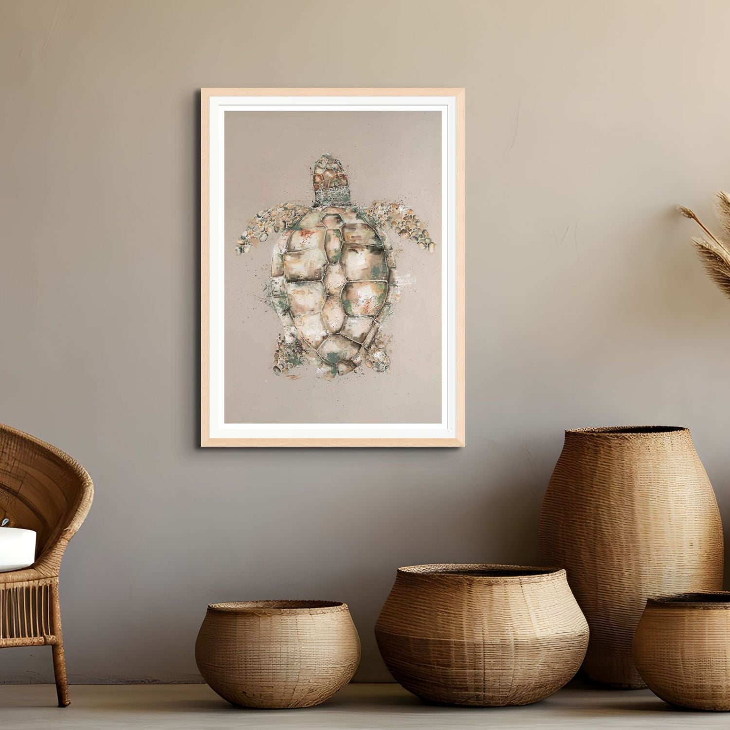 Watercolour and acrylic painting of a loggerhead sea turtle with beige background – fine art paper print by Stephanie Elizabeth 2