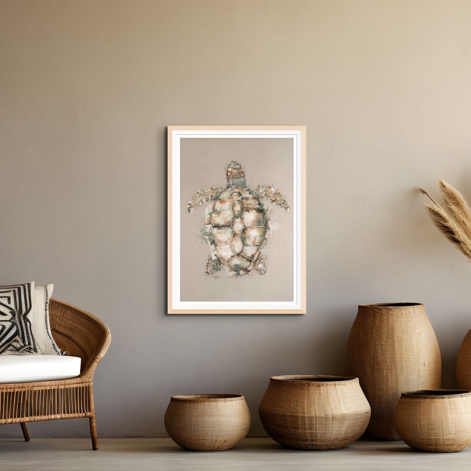Watercolour and acrylic painting of a loggerhead sea turtle with beige background – fine art paper print by Stephanie Elizabeth