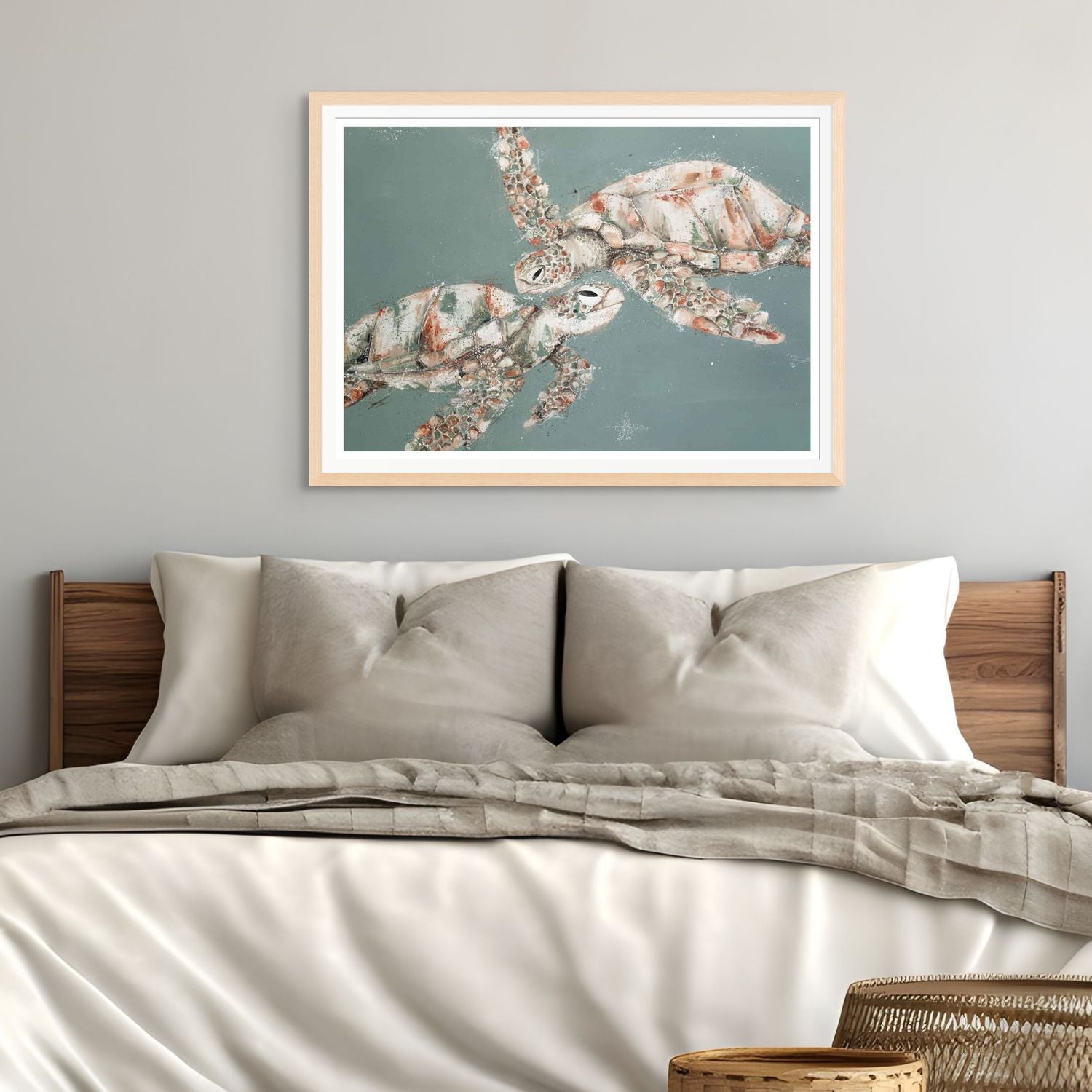 Acrylic painting of two sea turtles swimming toward each other with green background – fine art paper print by Stephanie Elizabeth 2