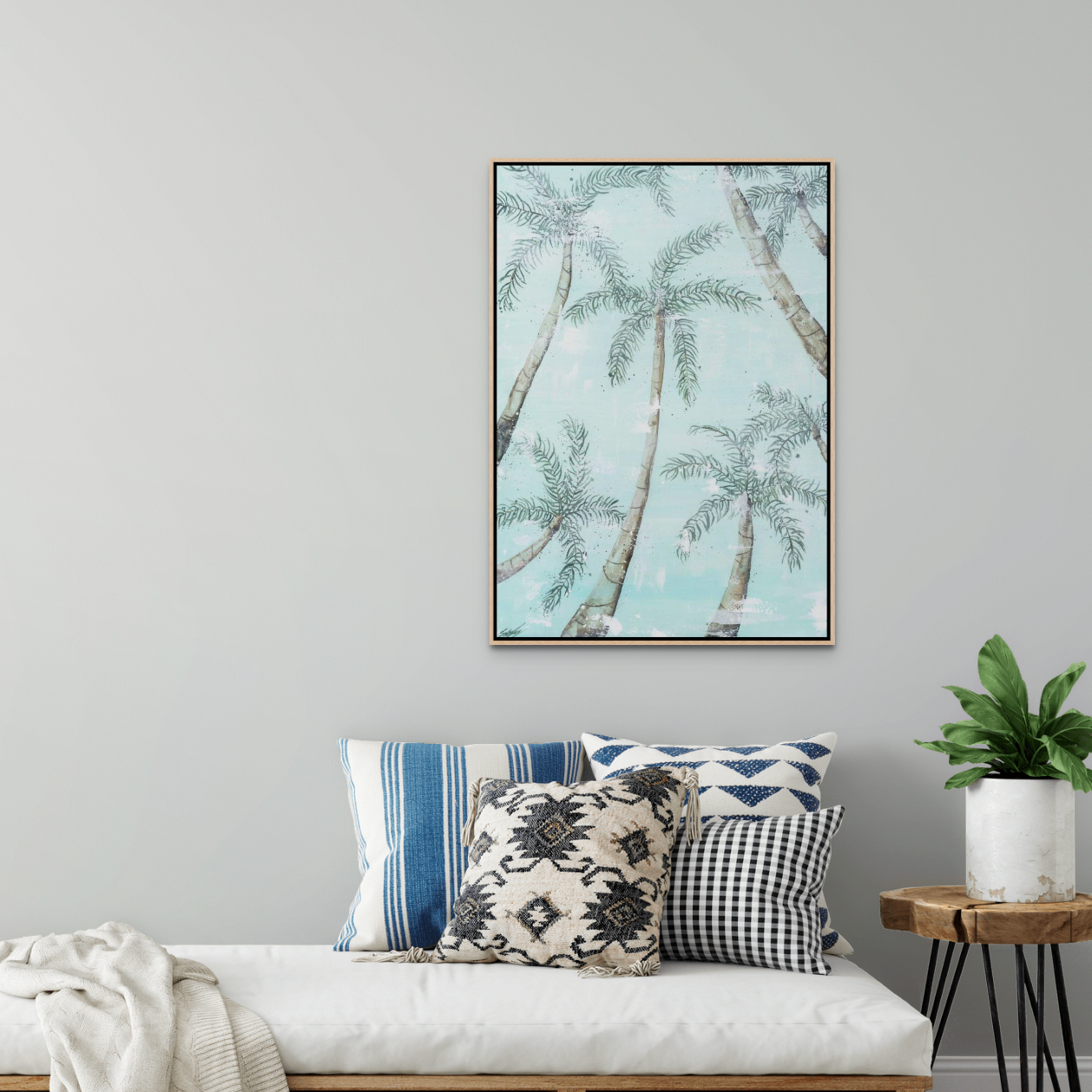 Tropical Palm Trees canvas print framed in oak