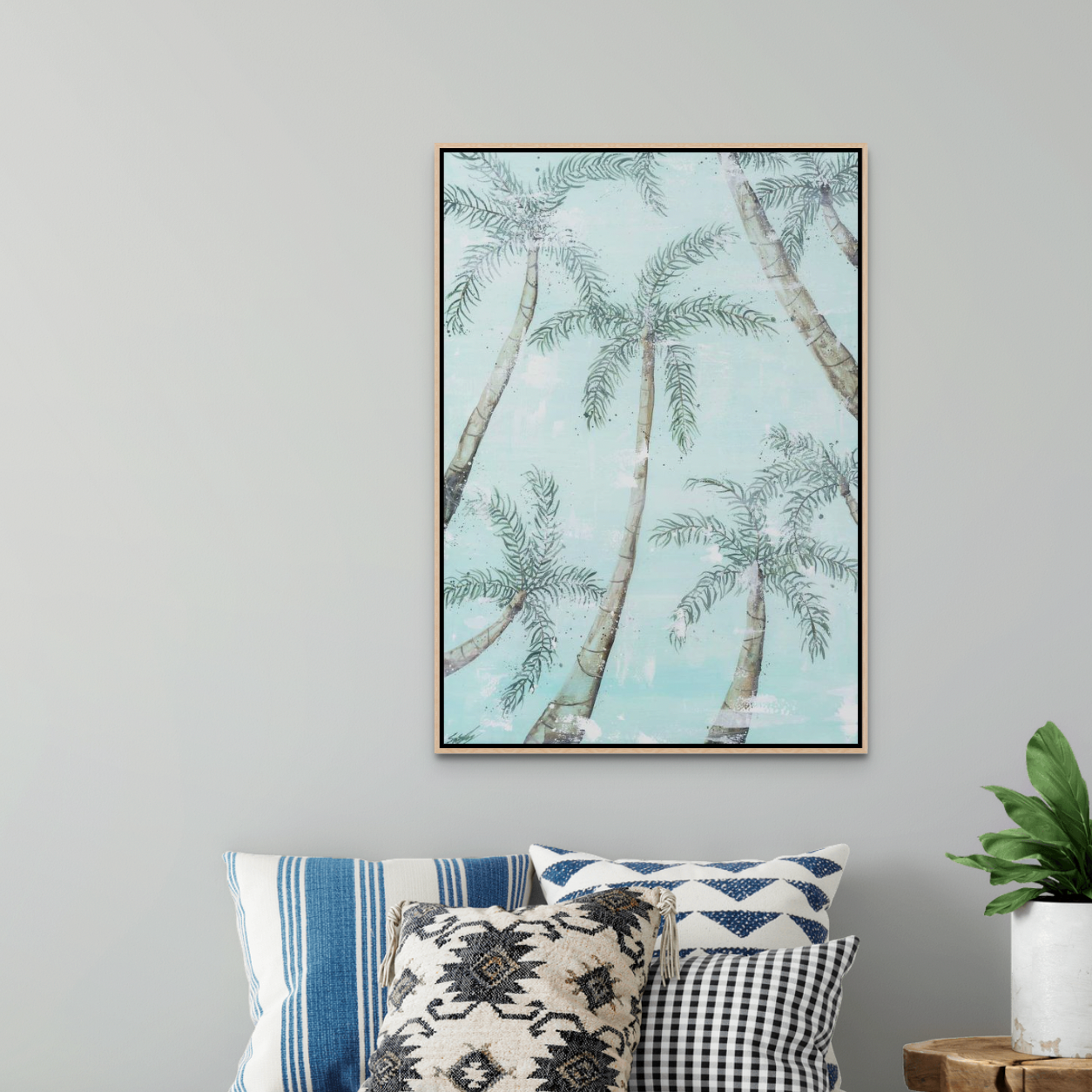 Tropical Palm Trees canvas print framed in oak