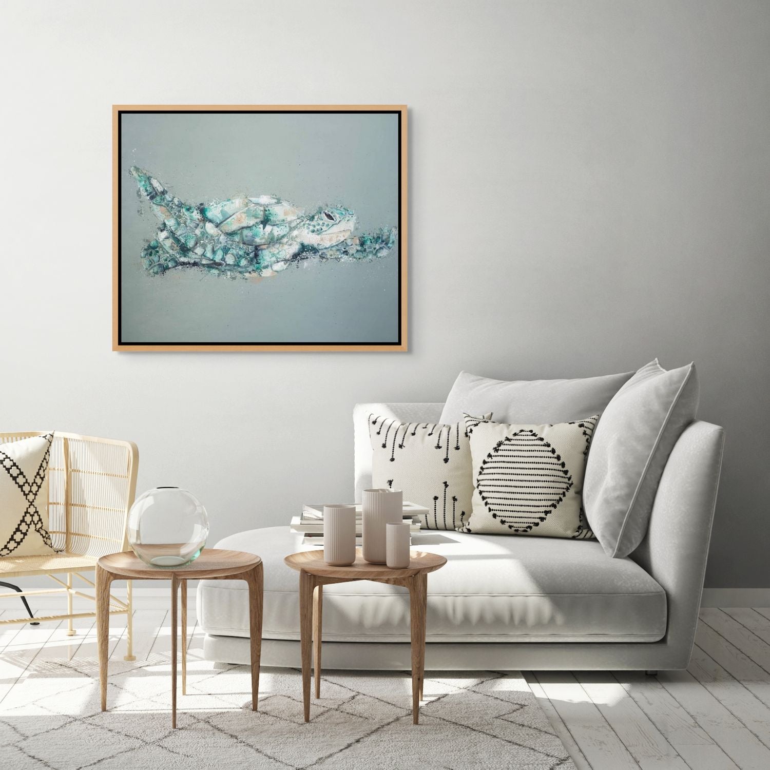 Canvas print of a glass bottle floating in water, containing a curled-up octopus, with green and blue hues – artwork by Stephanie Elizabeth.