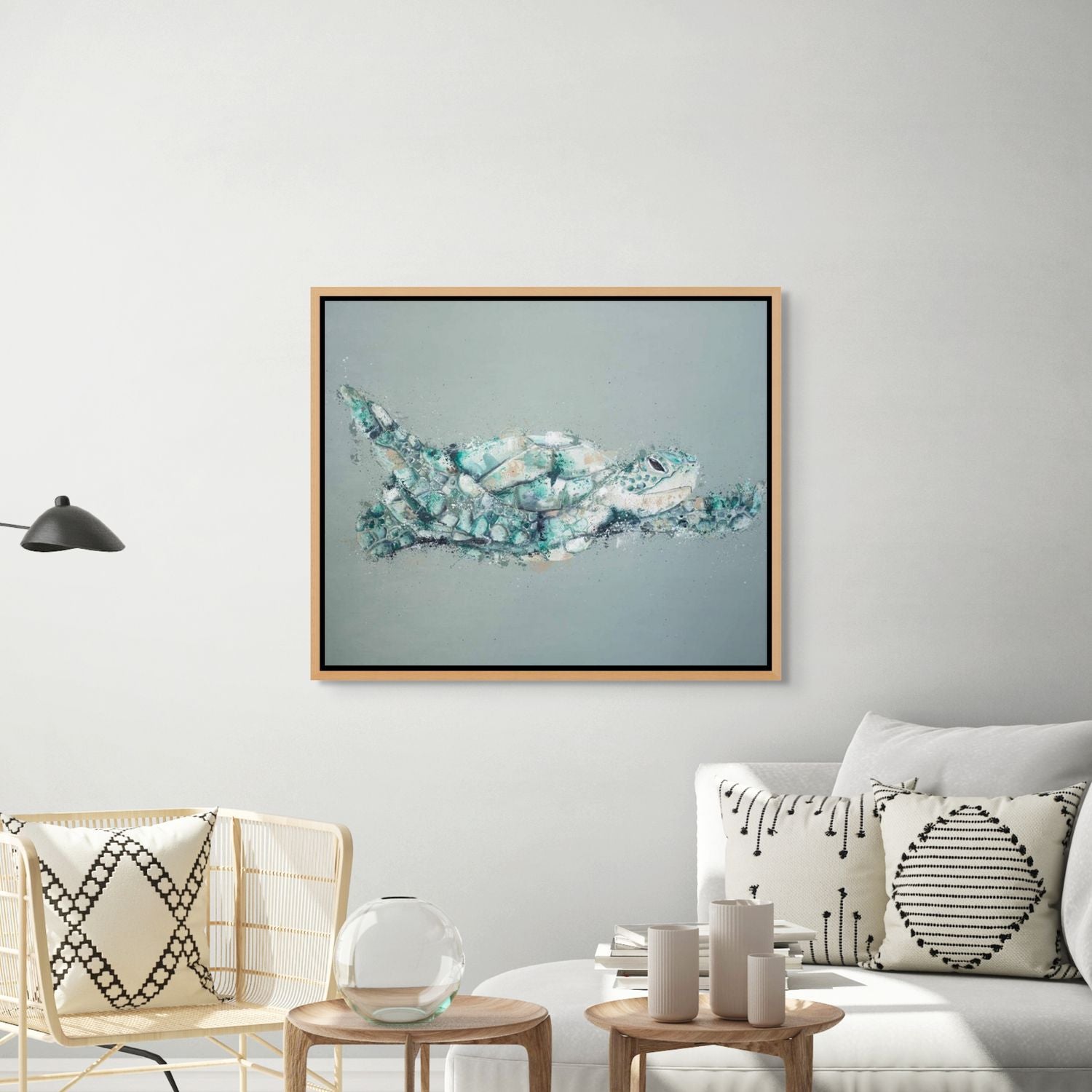 Canvas print of a glass bottle floating in water, containing a curled-up octopus, with green and blue hues – artwork by Stephanie Elizabeth 2