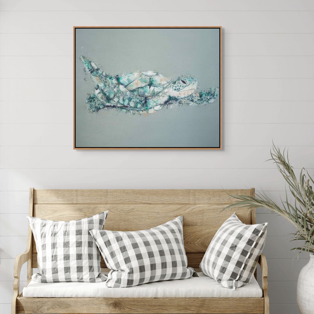 Message in a Bottle turtle painting by Stephanie Elizabeth – framed acrylic canvas artwork with green background 1