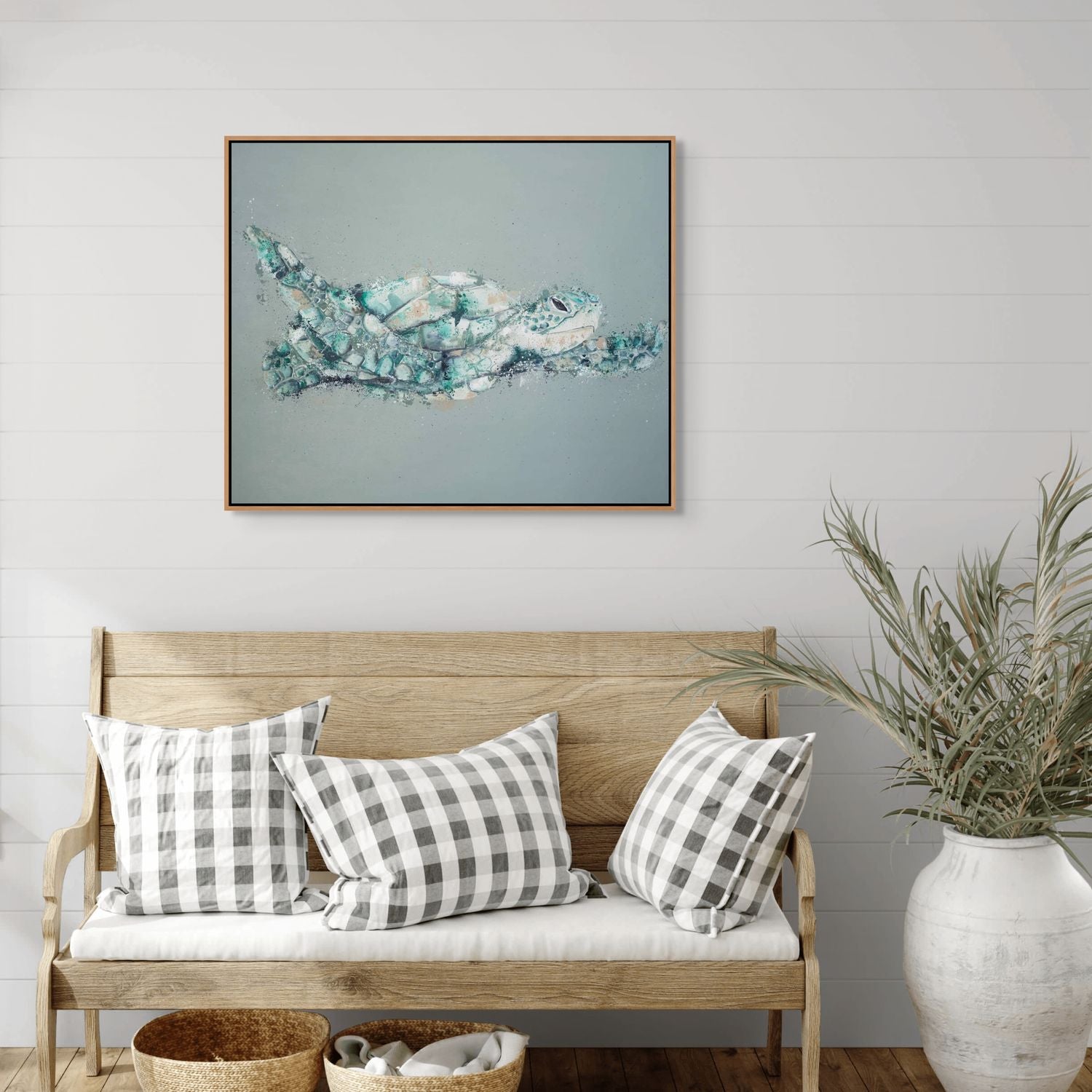 Message in a Bottle turtle painting by Stephanie Elizabeth – framed acrylic canvas artwork with green background