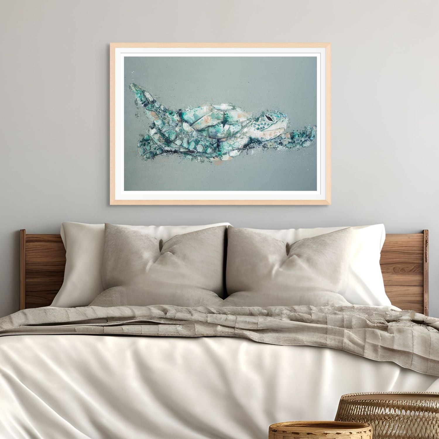 Acrylic painting of a lone sea turtle gliding through the sea with bright green tones – fine art paper print by Stephanie Elizabeth
