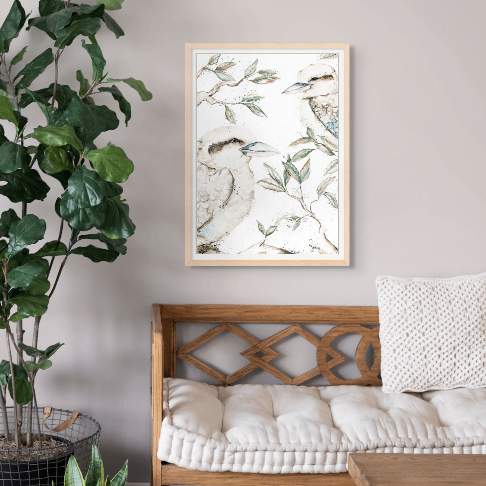 Morning Chatter artwork featuring two kookaburras sitting in gum leaves, a limited edition print by Stephanie Elizabeth