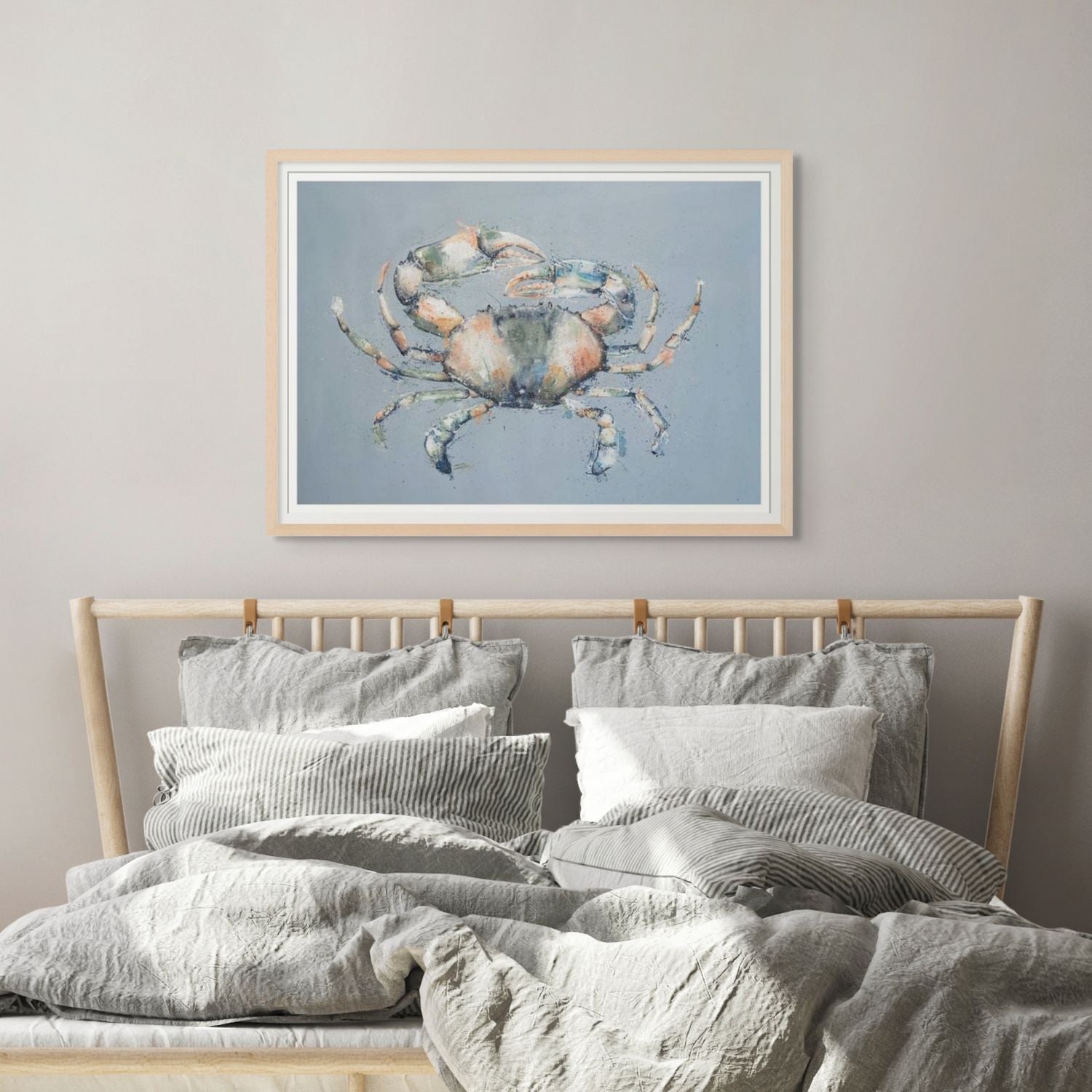 Watercolour and acrylic painting of a mud crab with textured blue background – fine art paper print by Stephanie Elizabeth