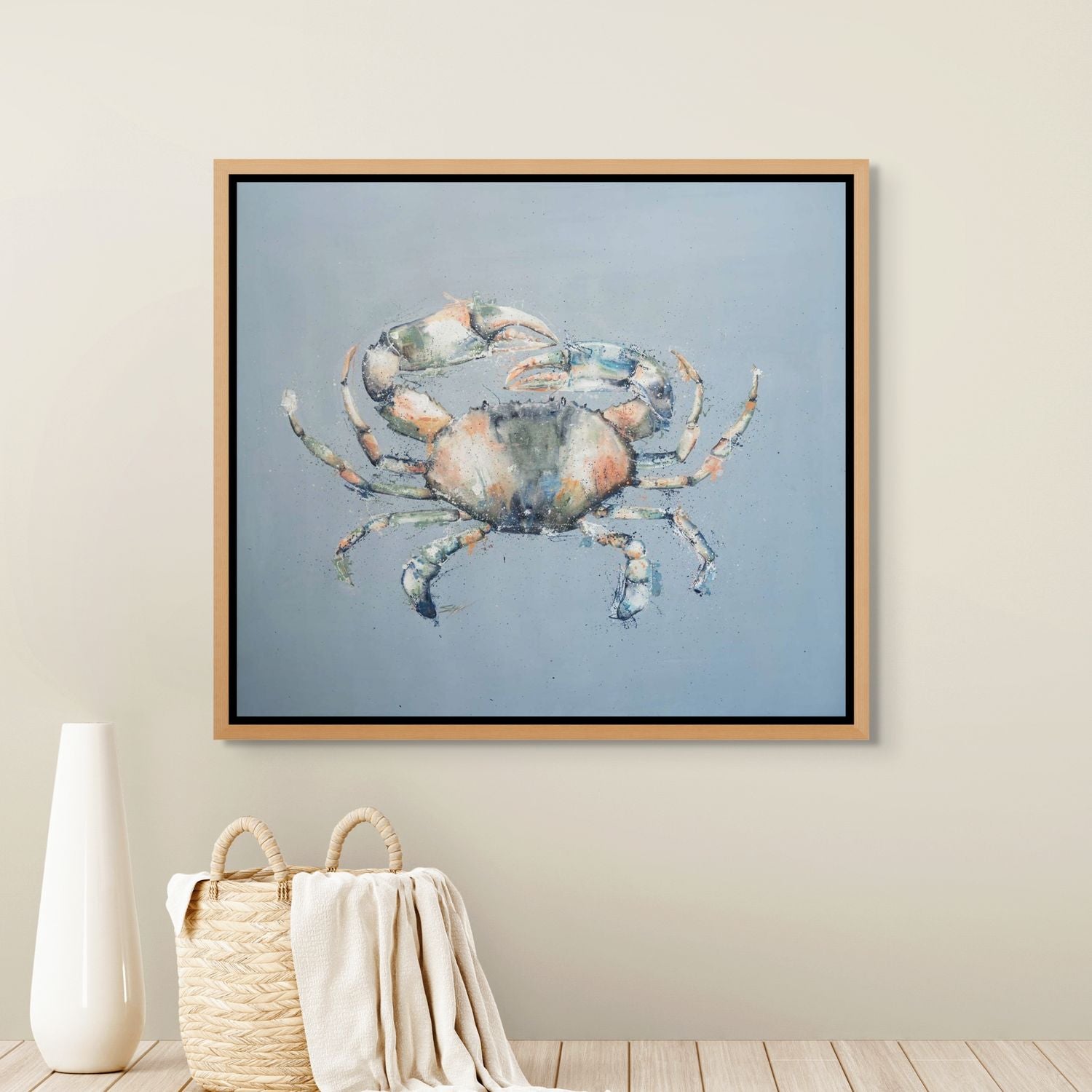 Canvas painting of a mud crab with blue textured background – artwork by Stephanie Elizabeth 2