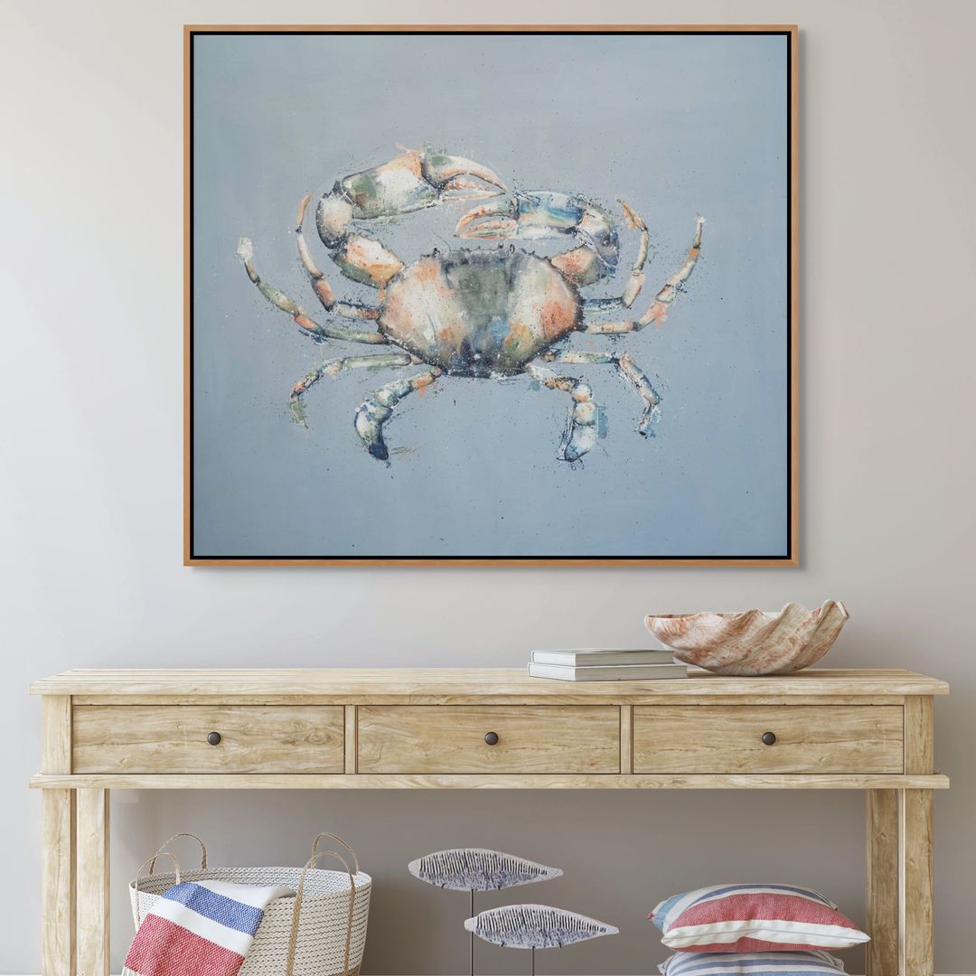 Muddy Days crab painting by Stephanie Elizabeth – framed acrylic canvas artwork with blue background 2