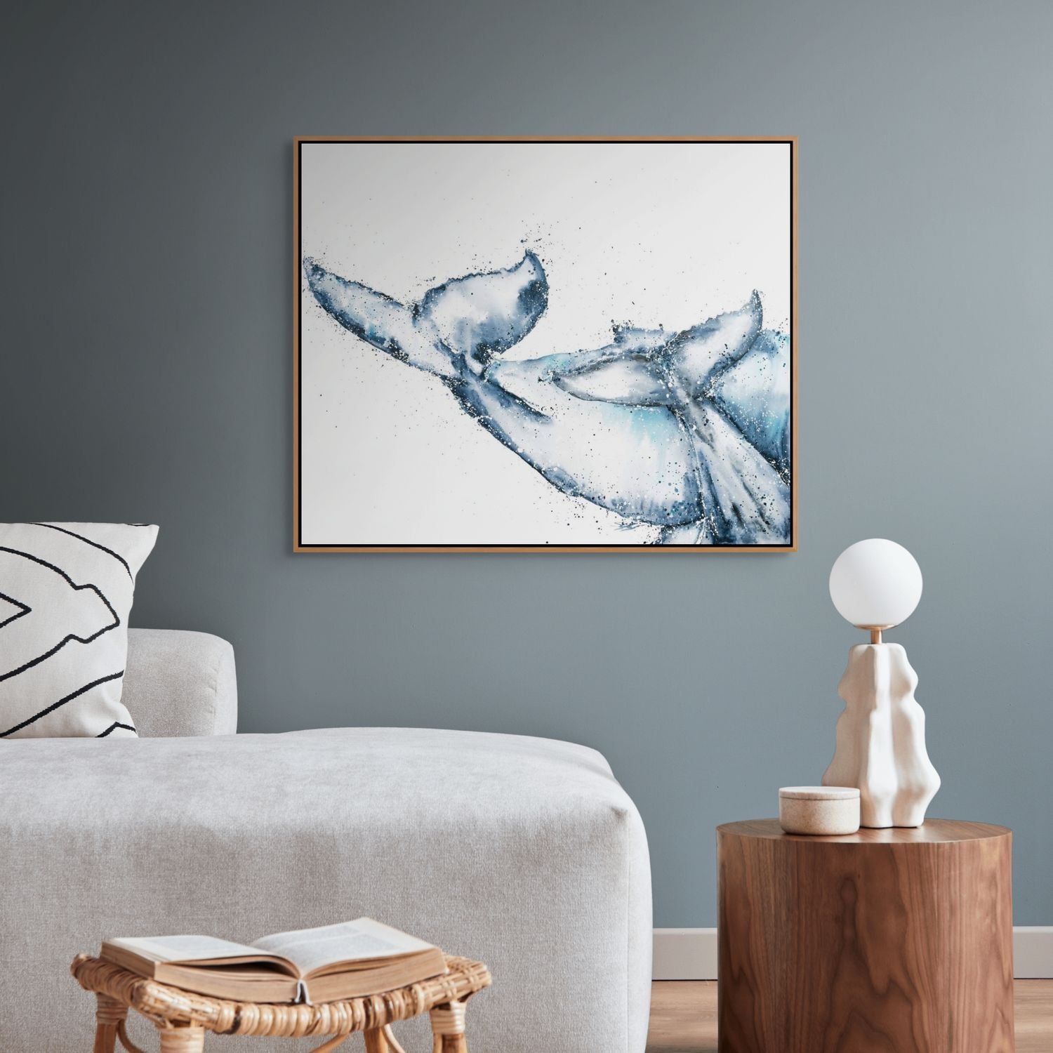 One Tale, Two Tails whale painting by Stephanie Elizabeth – framed watercolour and acrylic canvas artwork