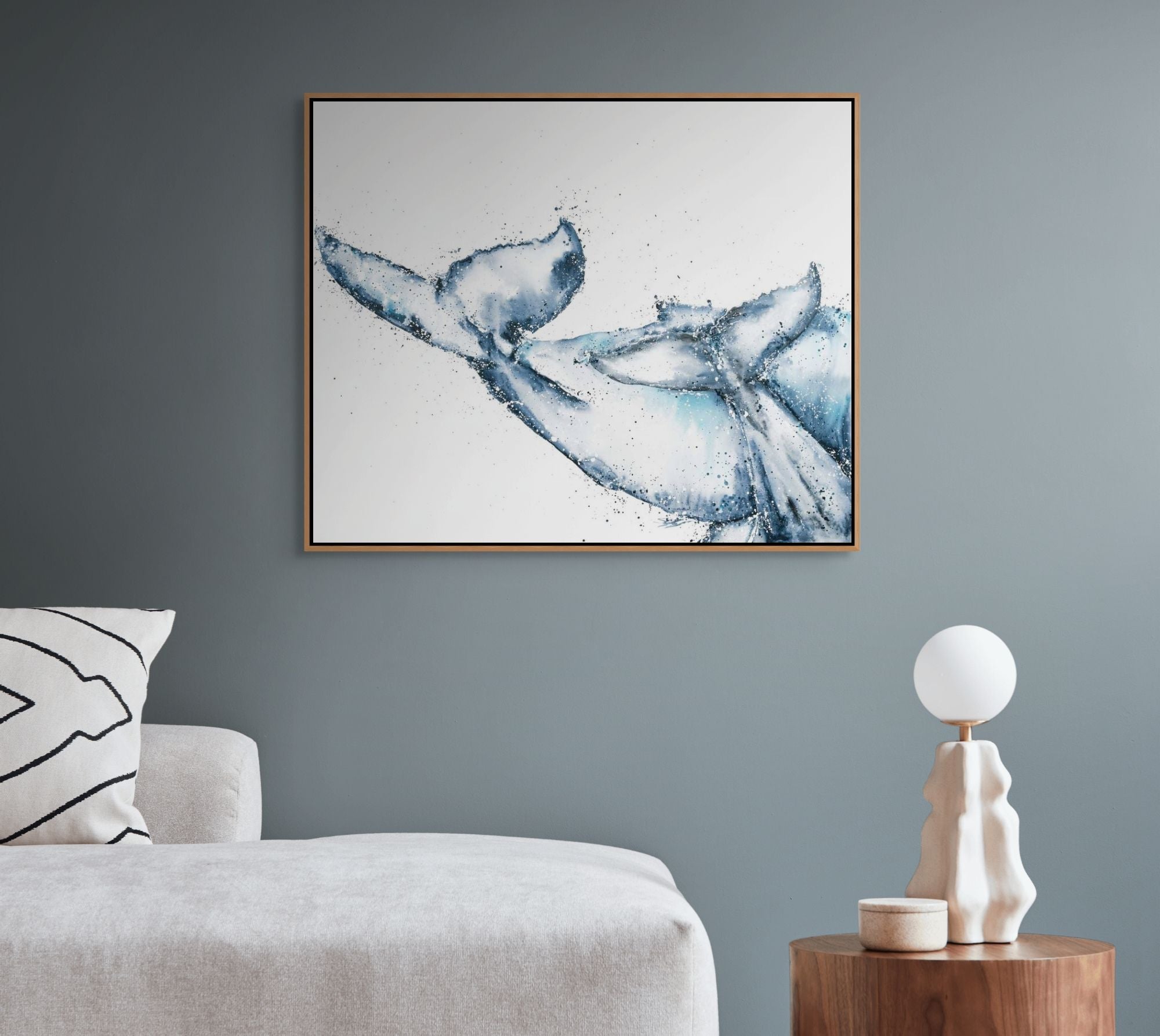 One Tale, Two Tails whale painting by Stephanie Elizabeth – framed watercolour and acrylic canvas artwork 2