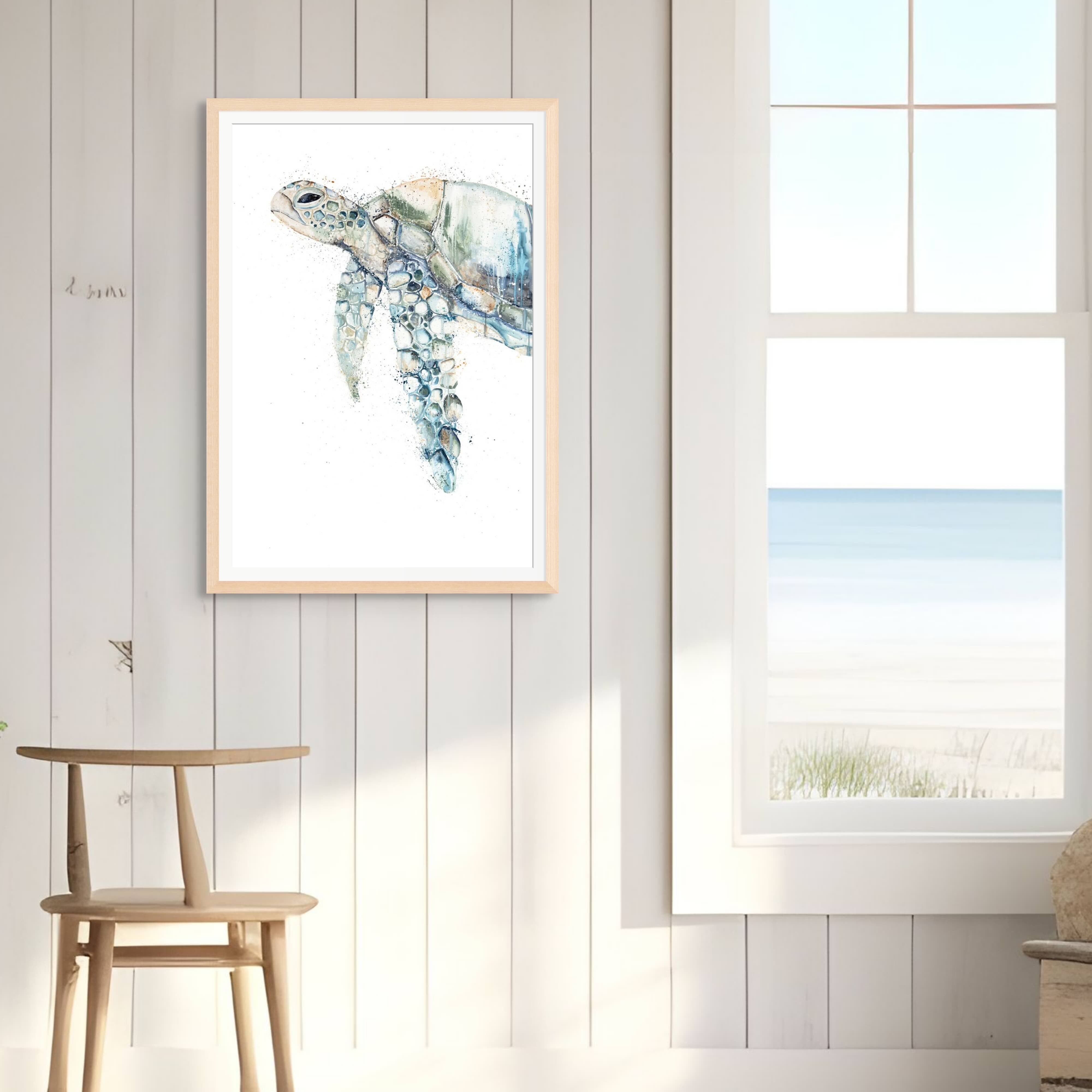 Fine art print of Renegade, a sea turtle portrait originally painted on canvas, featuring vibrant colors and intricate details that capture the essence of the ocean.