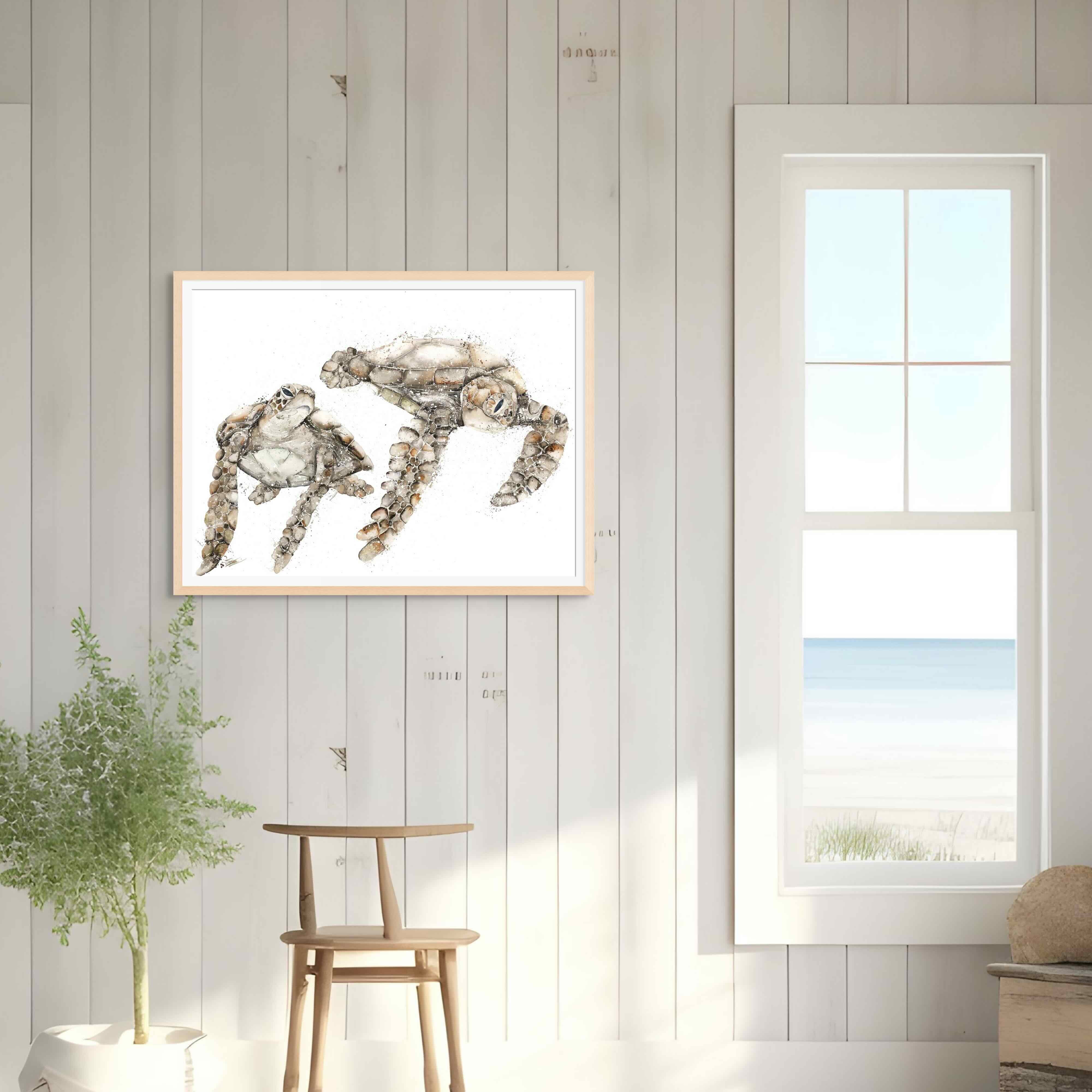 Fine art print of two sea turtles swimming through the ocean, reproduced from an original canvas painting with soft, vibrant colors and intricate details. Perfect for ocean and nature lovers.