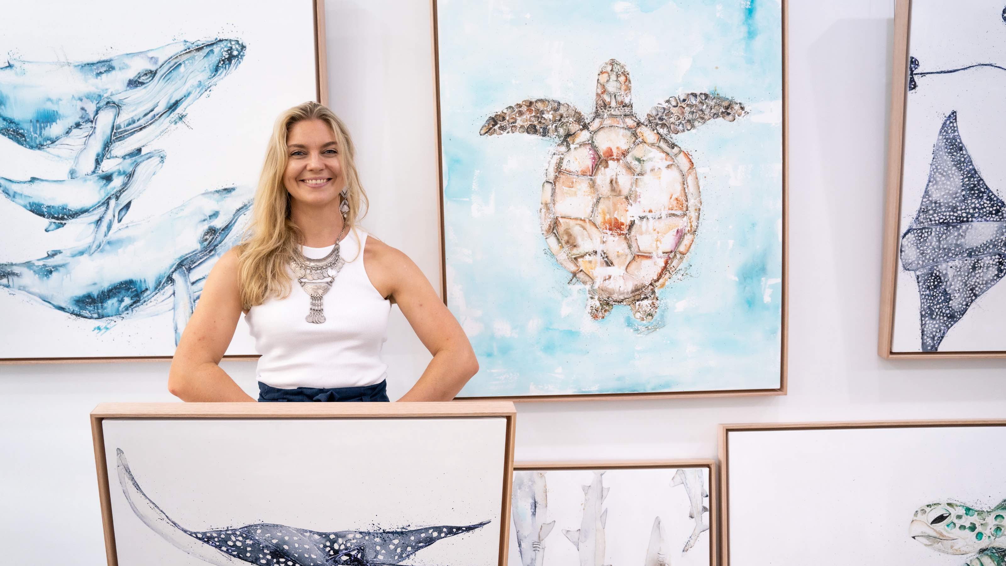 Original canvas artwork of turtles, whales and rays by Stephanie Elizabeth Artwork