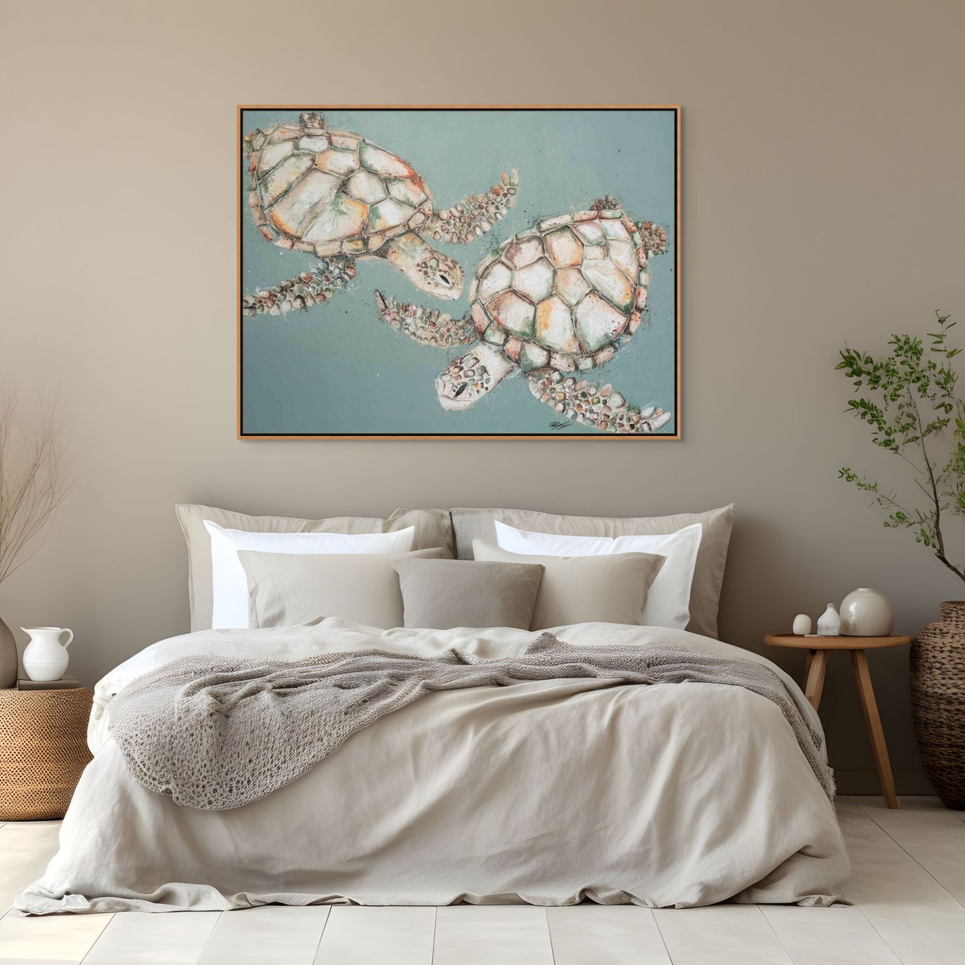 Original painting of two green sea turtles swimming side by side by Stephanie Elizabeth – titled Two’s Company