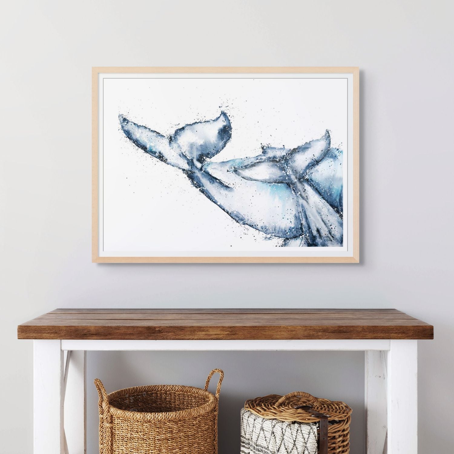 Watercolour and acrylic painting of two whale tails below the ocean surface – fine art paper print by Stephanie Elizabeth 2
