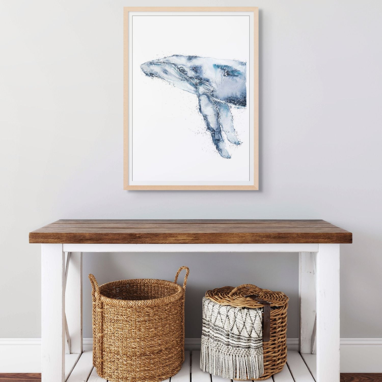Watercolour and acrylic painting of a whale in three-quarter view, close-up eye contact – fine art paper print by Stephanie Elizabeth