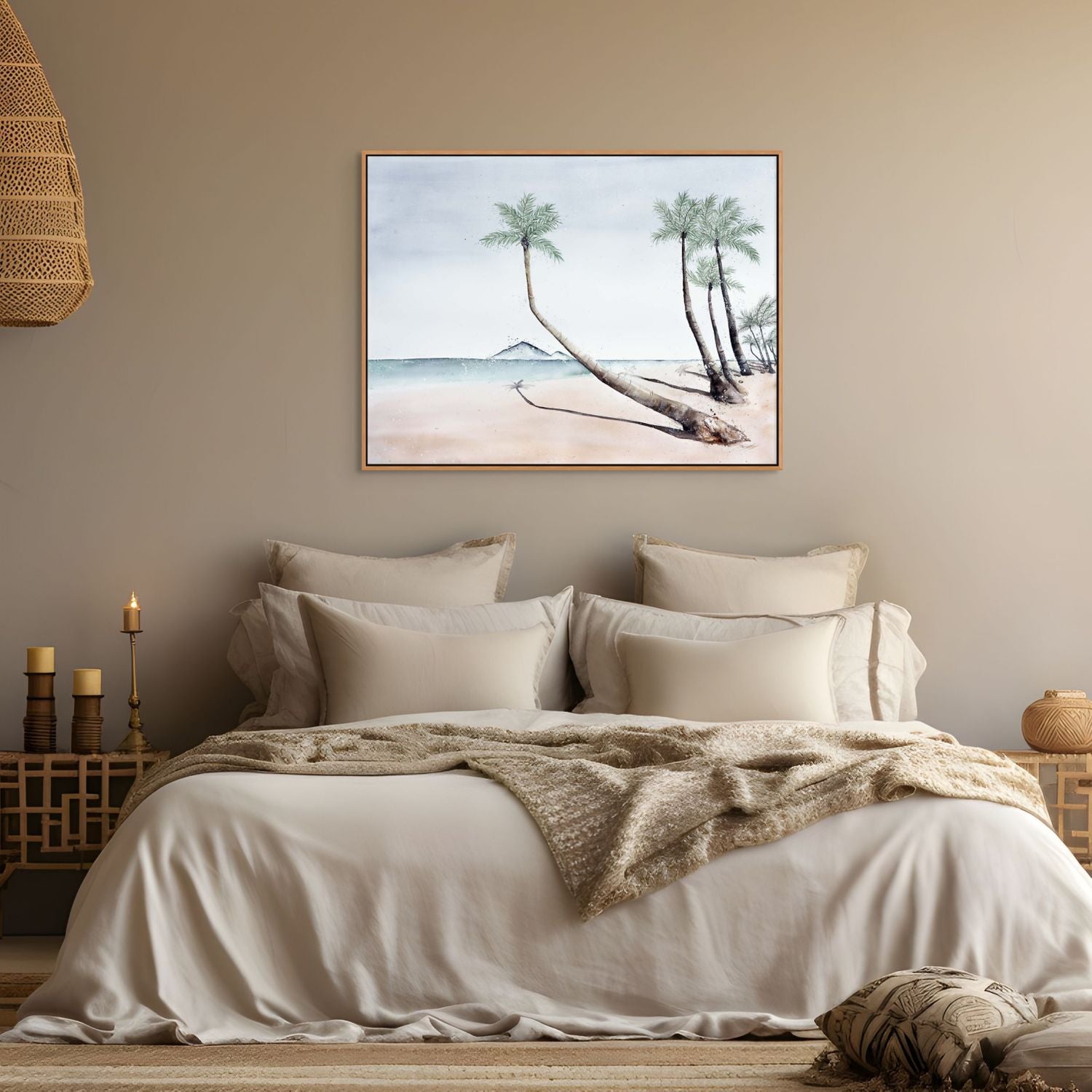 Where The Palm Trees Lead painting by Stephanie Elizabeth – framed tropical watercolour and acrylic artwork on canvas