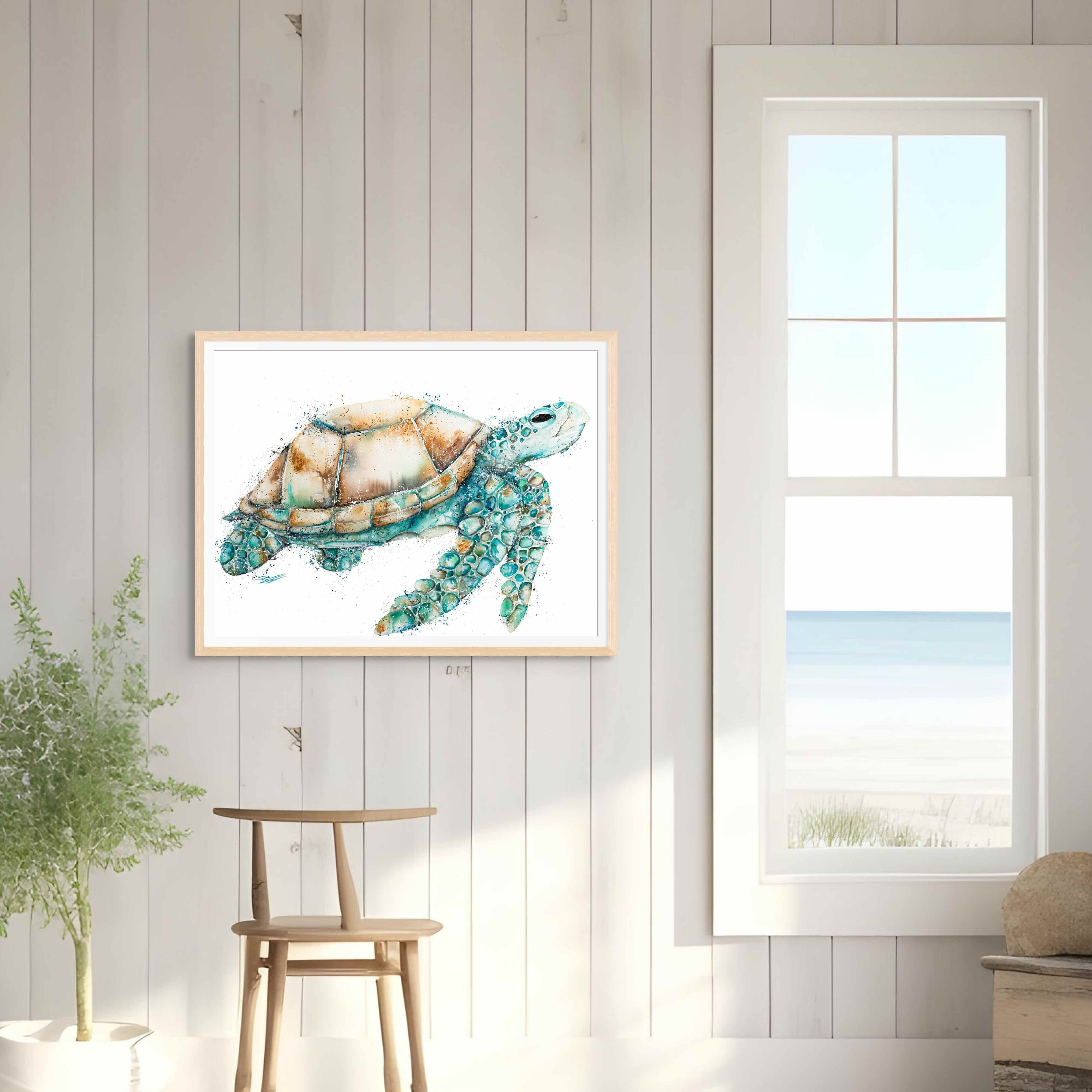 Fine art print of a vibrant green sea turtle swimming through the ocean, captured in rich greens and blues, showcasing intricate details and peaceful ocean hues.