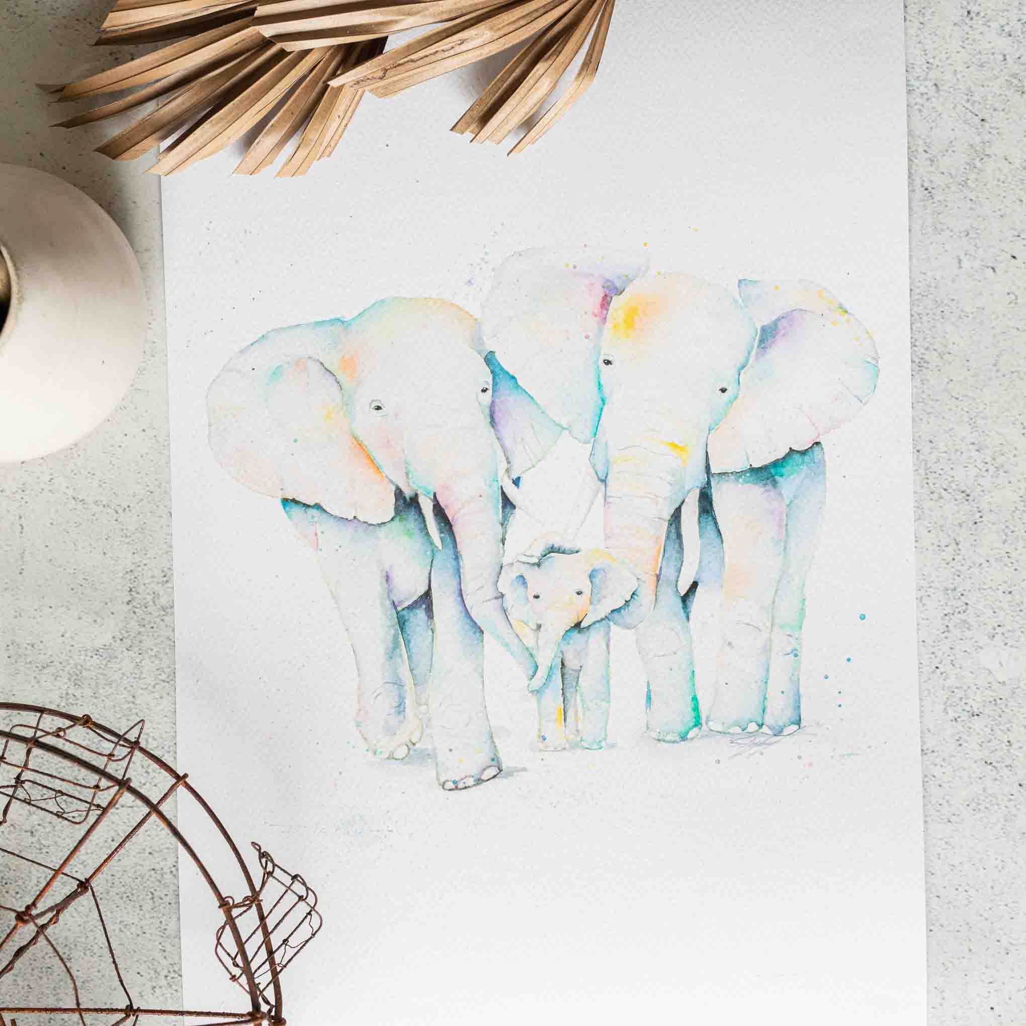 A3 Elephant family watercolour animal artwork