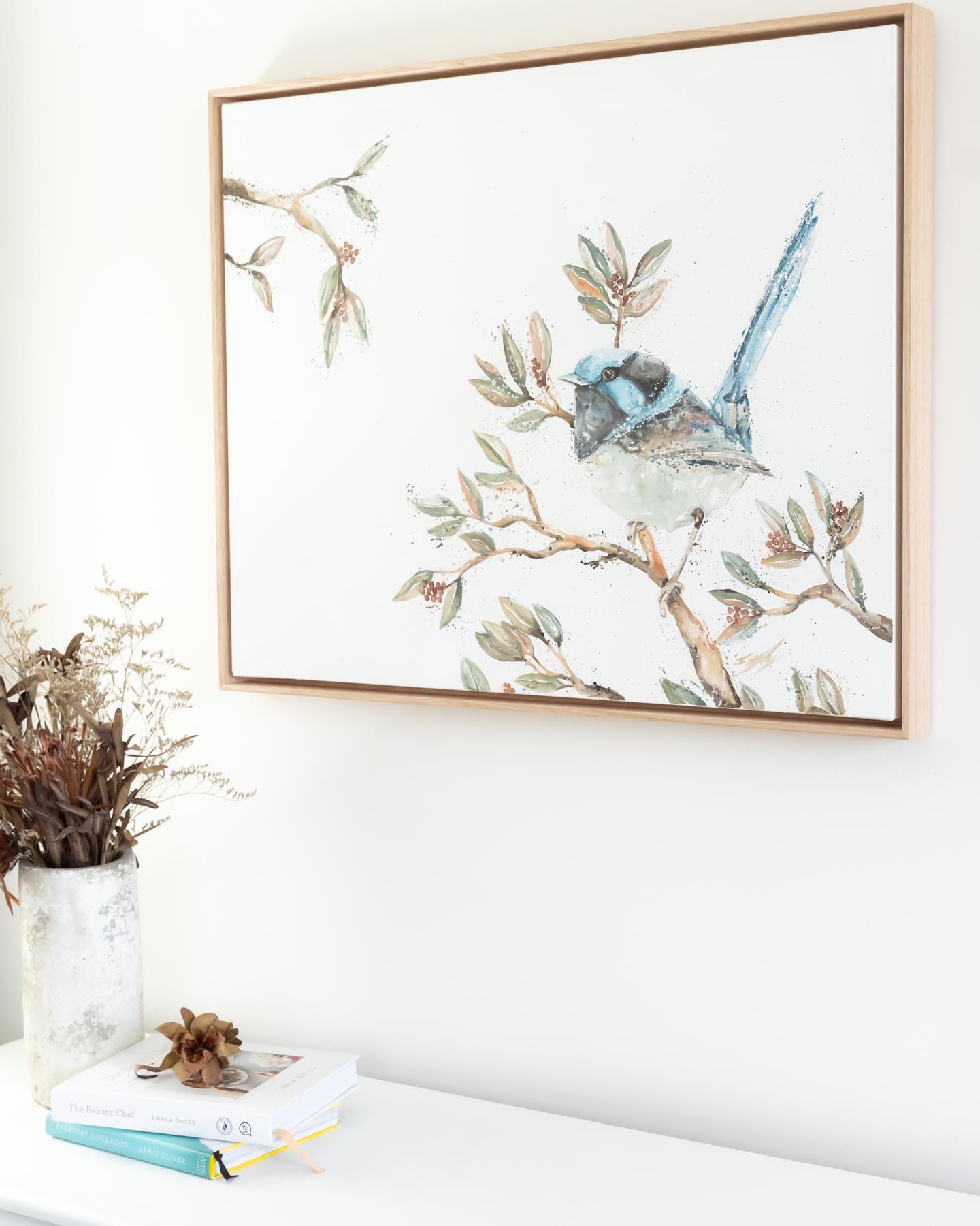Blue Fairy Wren Original Artwork above dresser