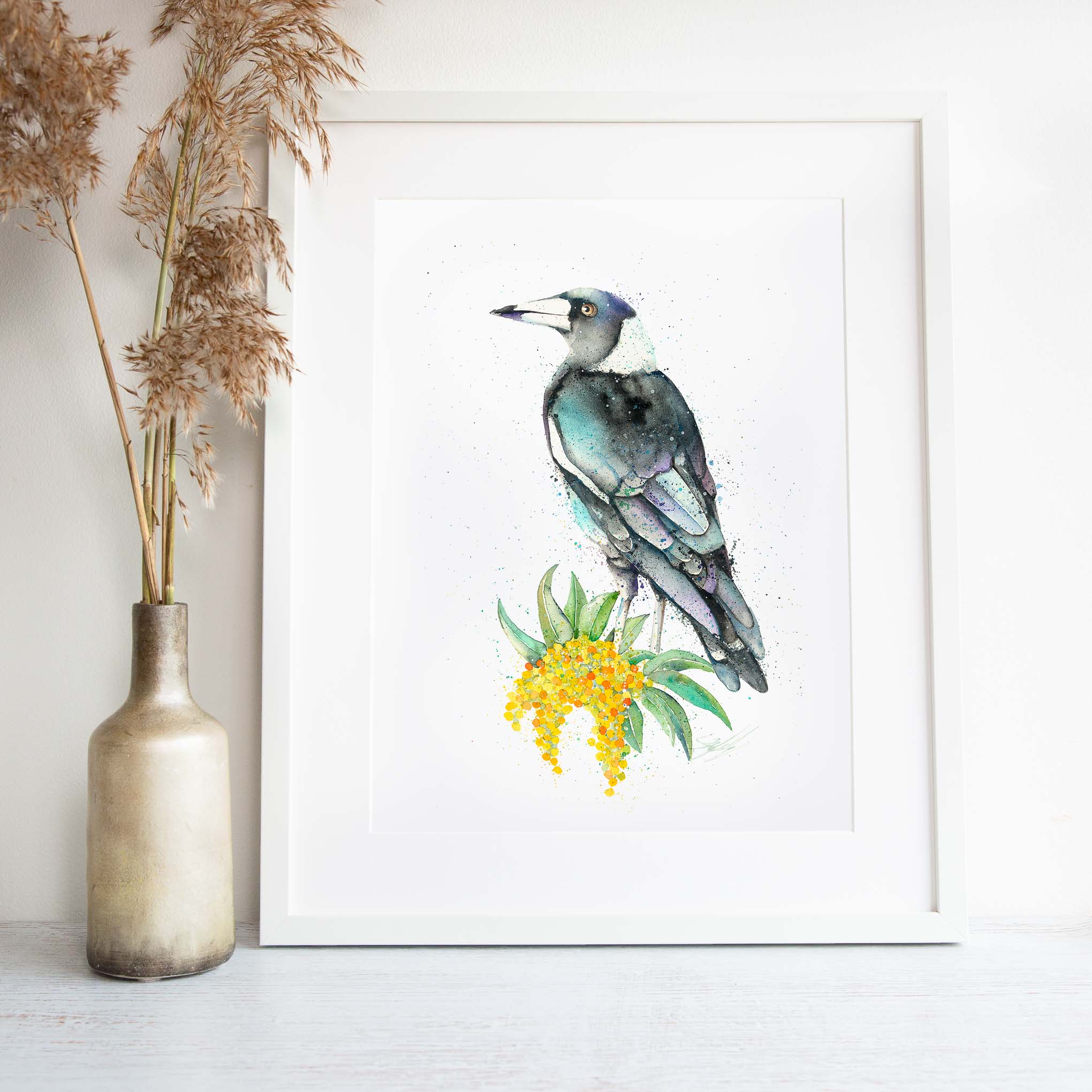 Magpie and wattle framed wall art print