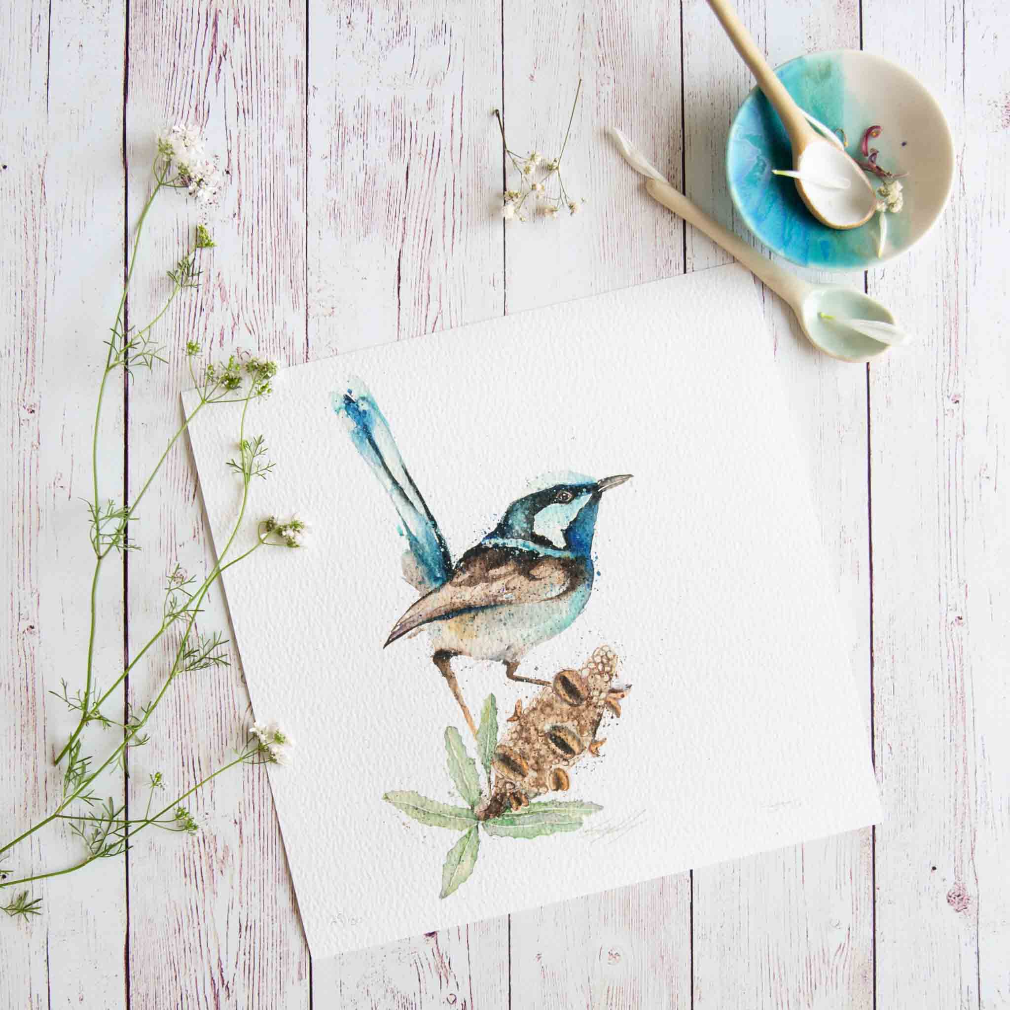 Fairy wren and banksia Print by Stephanie Elizabeth Artwork