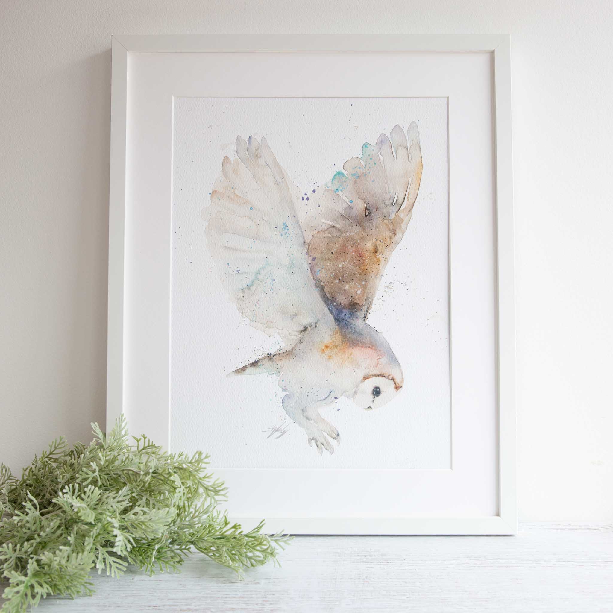 Framed watercolour owl artwork