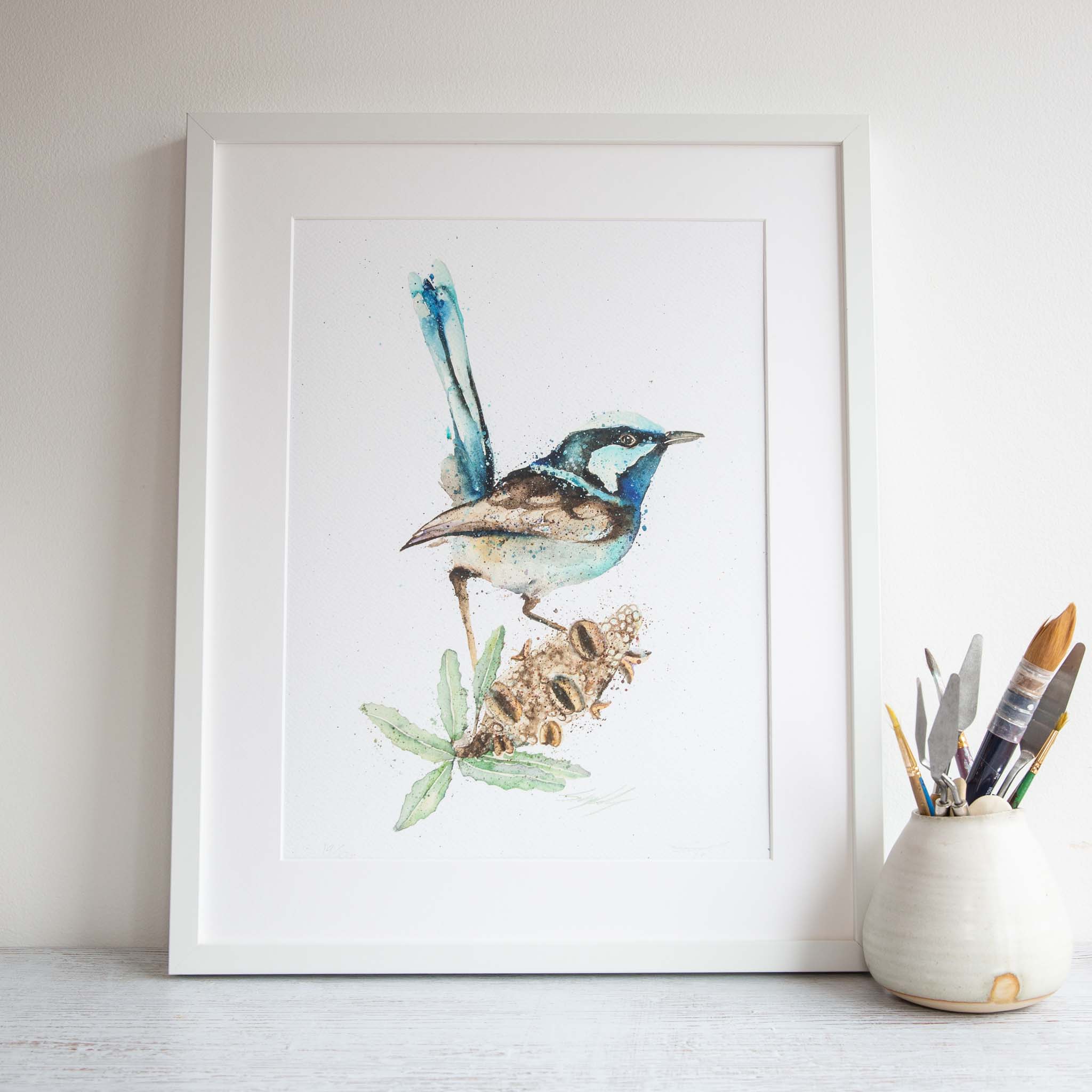 Framed fairy wren and banksia print