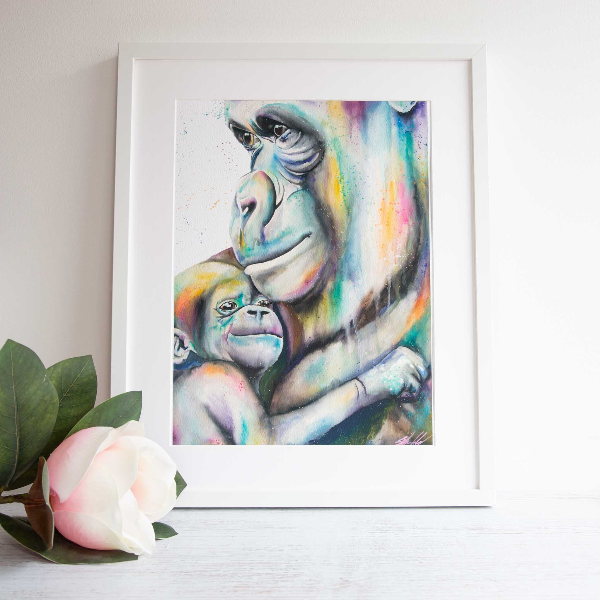 Framed rainbow watercolour gorillas print