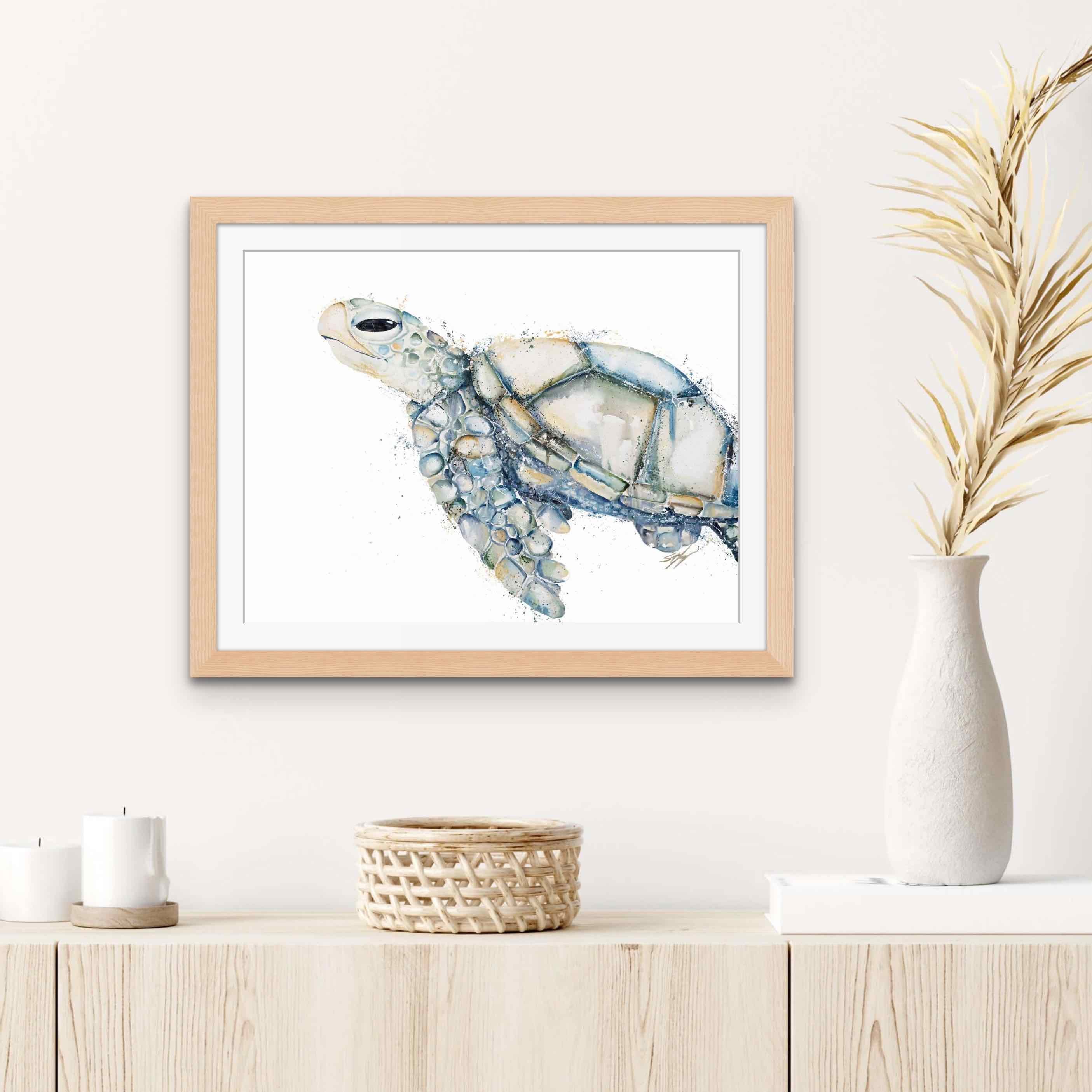 blue-beige-turtle-paper-print-framed-in-oak
