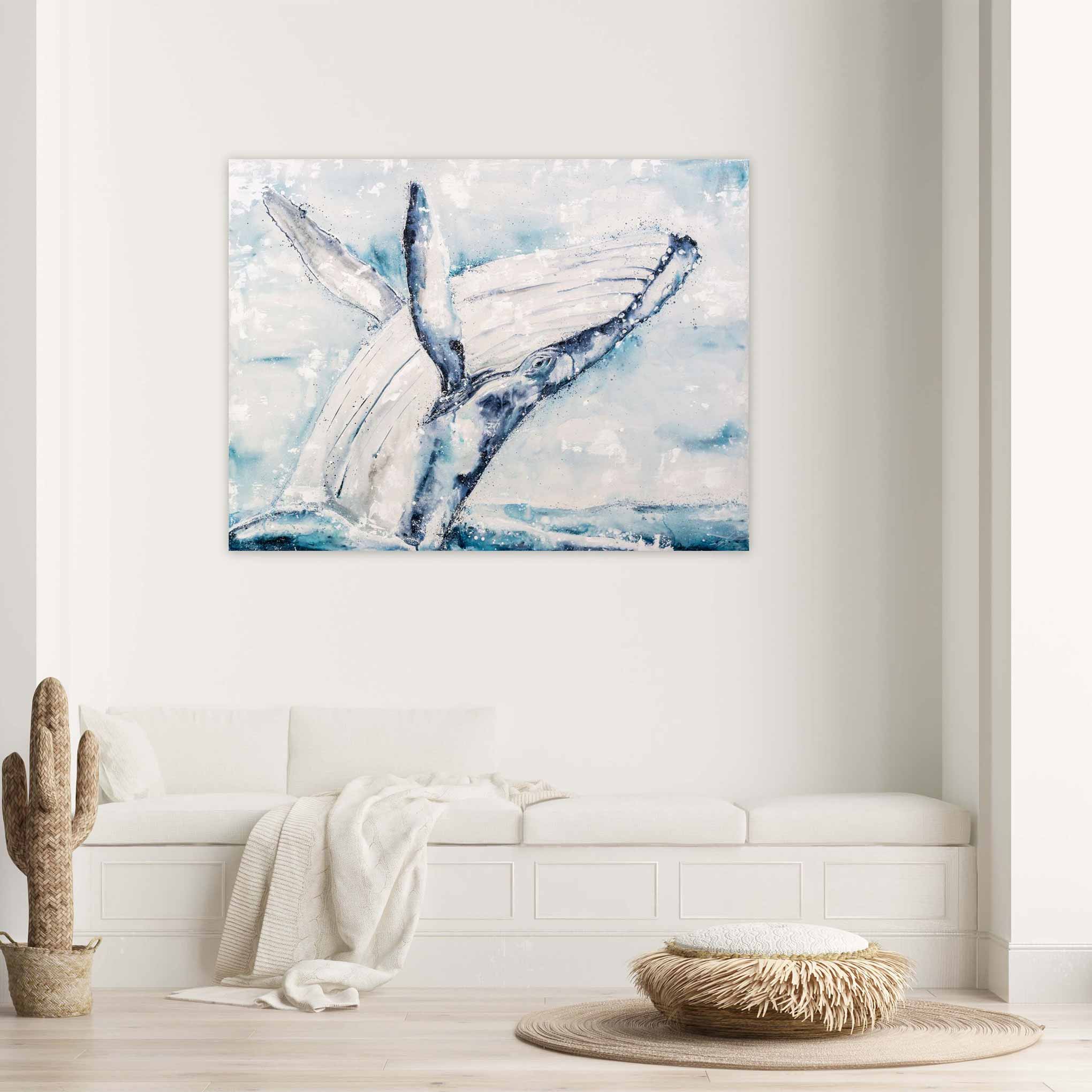 Whale canvas print above bench in lounge room