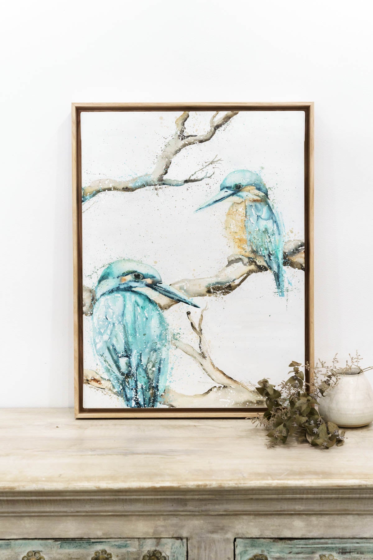 kingfisher original canvas artwork framed in oak
